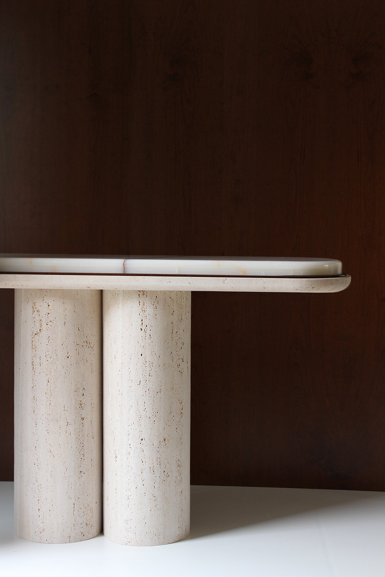 Ida console in travertine onyx stone - premium Italian marble design - side profile perspective