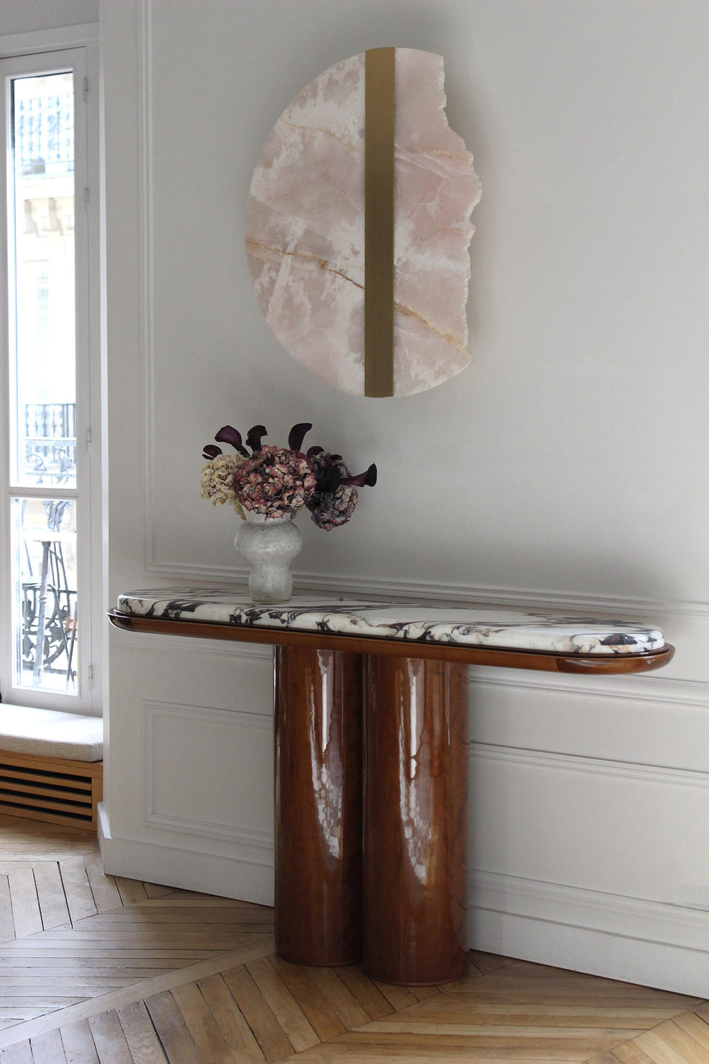 Calacatta Viola marble Ida console - luxury Italian furniture with purple marble and wood combination