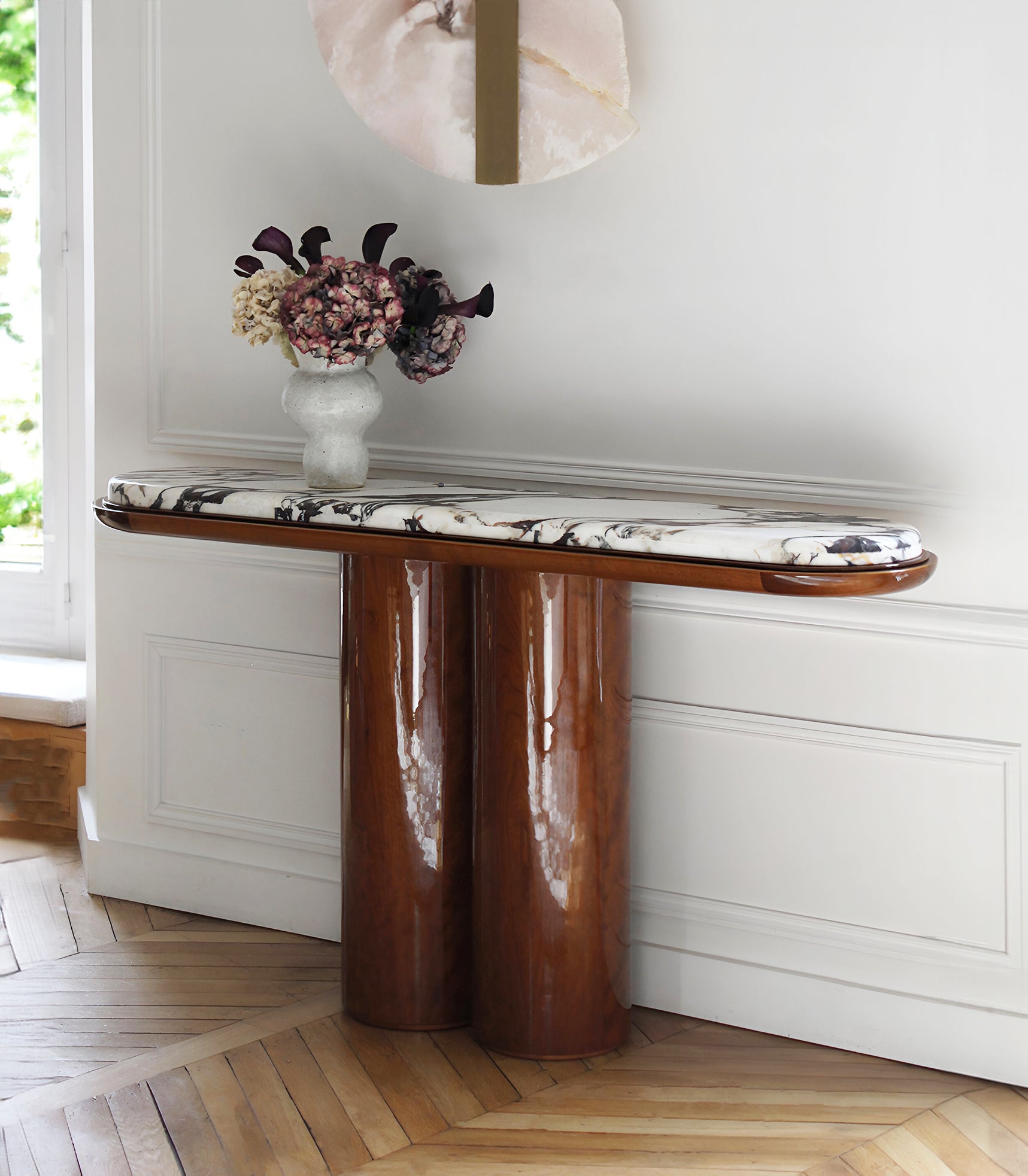 Italian Ida console Calacatta Viola marble wood - premium furniture with elegant purple stone