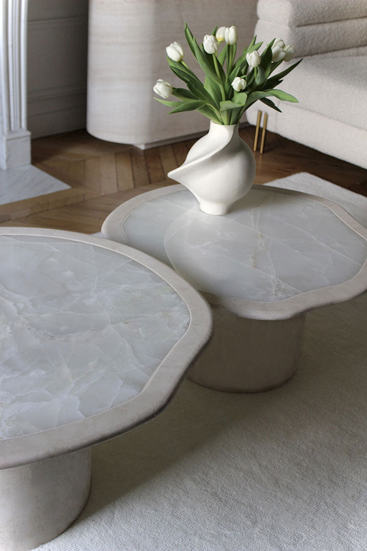 Joan coffee table set profile view showcasing onyx marble construction - Italian designer furniture