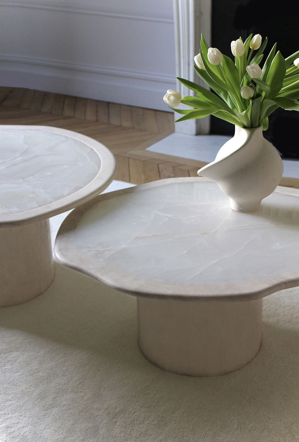 White onyx Joan coffee table showcasing natural marble veining - handcrafted Italian luxury design