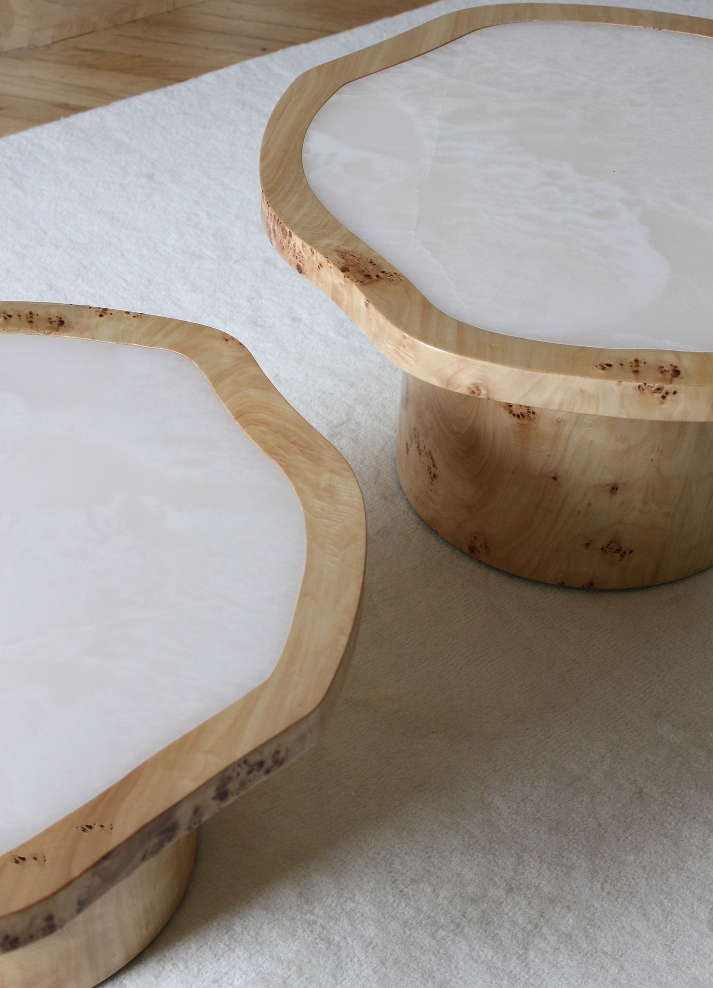 Joan Duo onyx wood table MARBERA - Italian luxury mixed material furniture craftsmanship detail