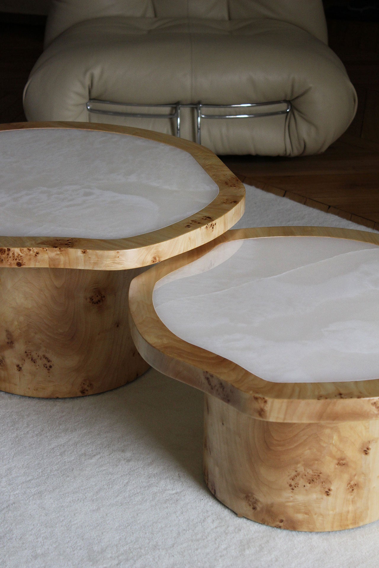 Joan Duo wood by MARBERA - elegant Italian luxury wooden furniture pair front angle perspective