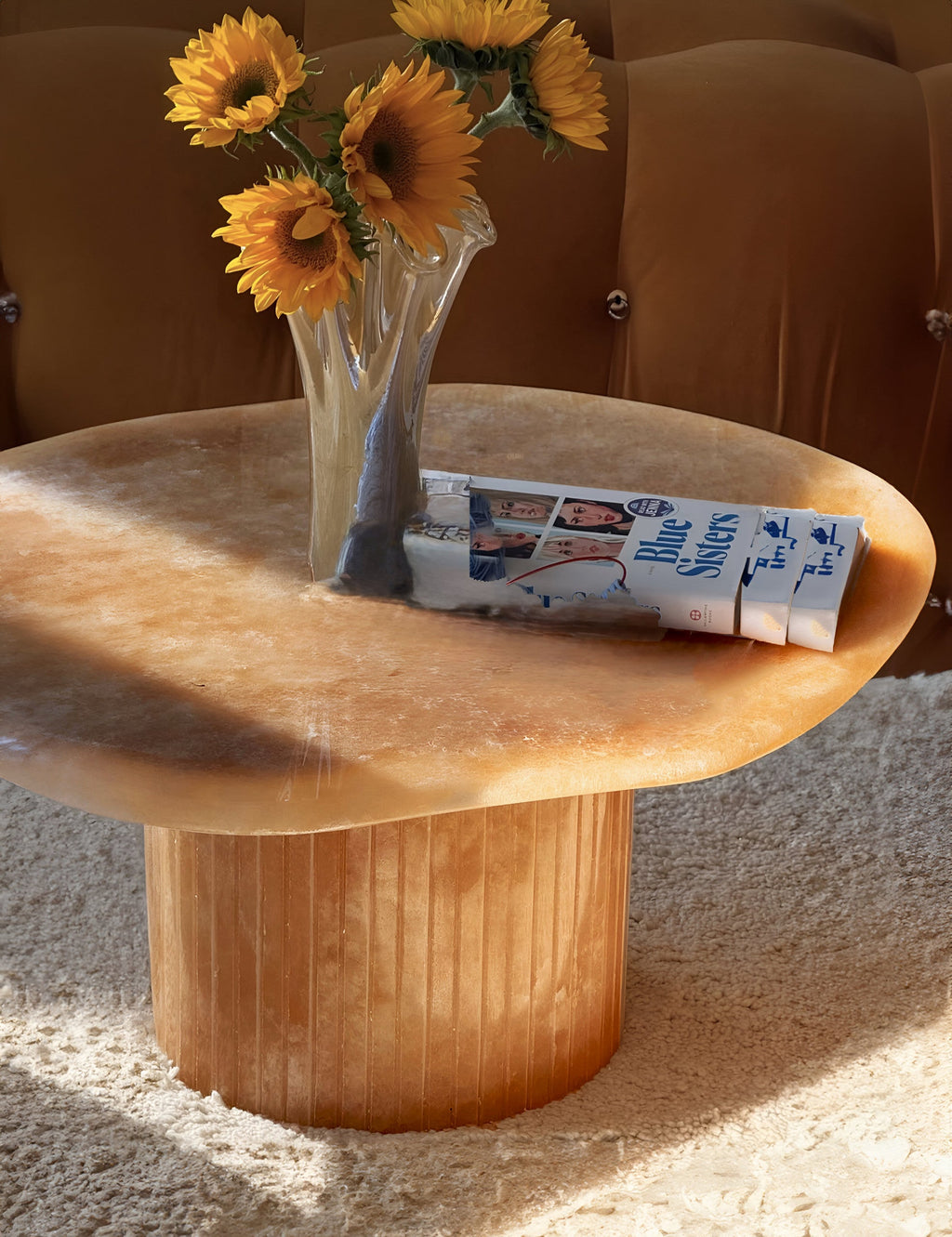 Honey onyx Joan table lifestyle shot - MARBERA Italian crafted luxury marble furniture piece