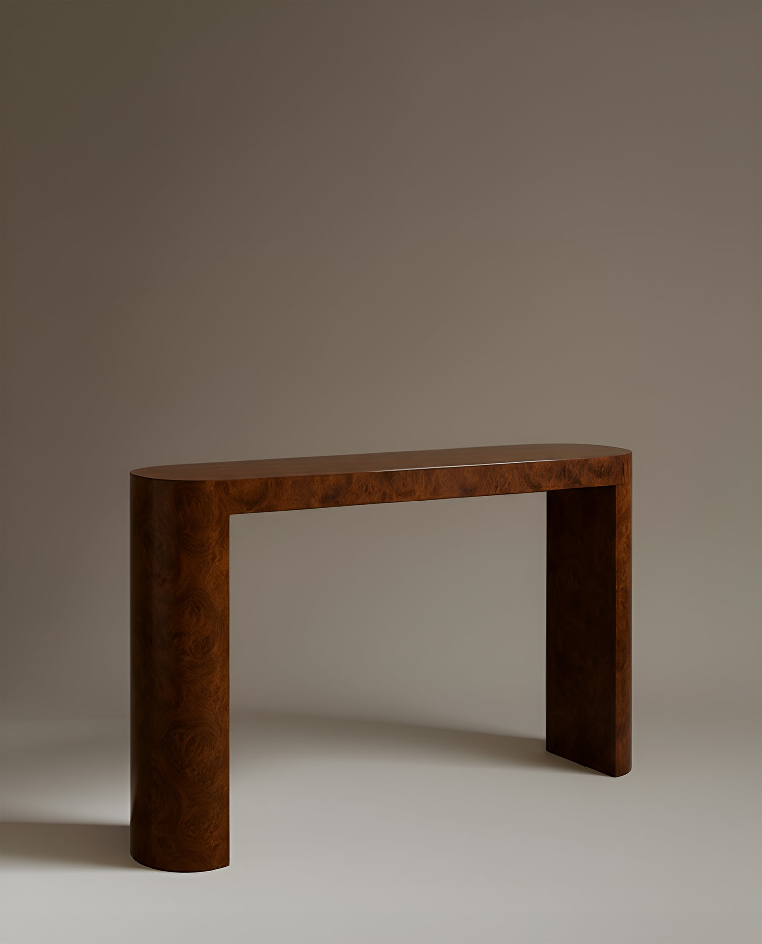 Luna burl wood console artistic view showcasing natural wood beauty and Italian design excellence