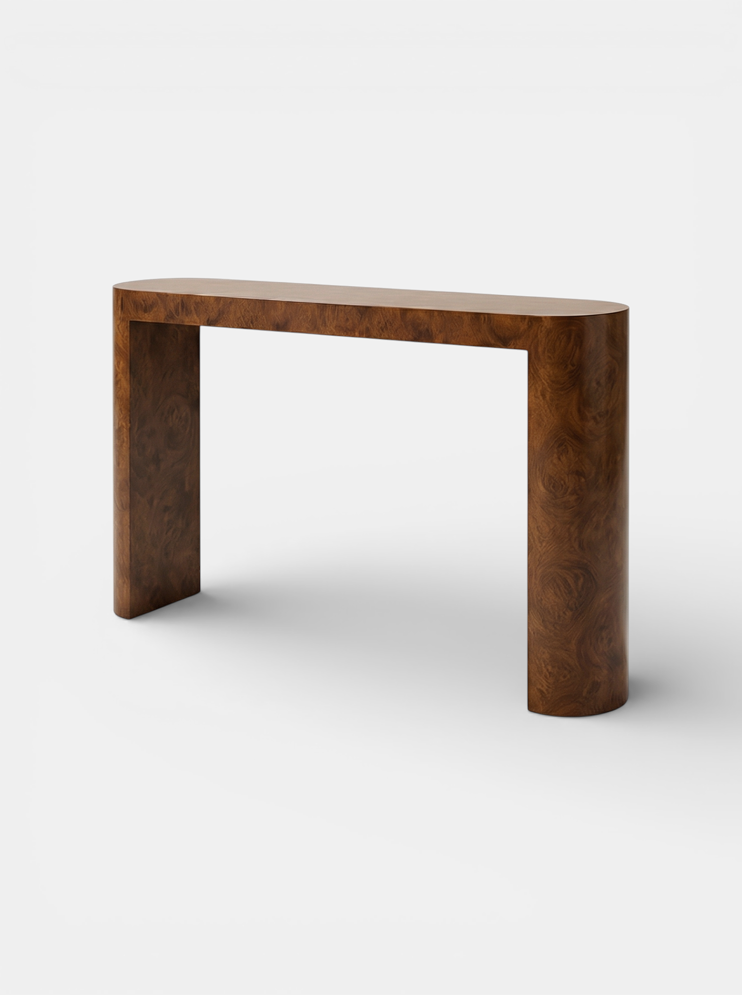 Luna burl wood console three-quarter left view highlighting natural wood texture and grain
