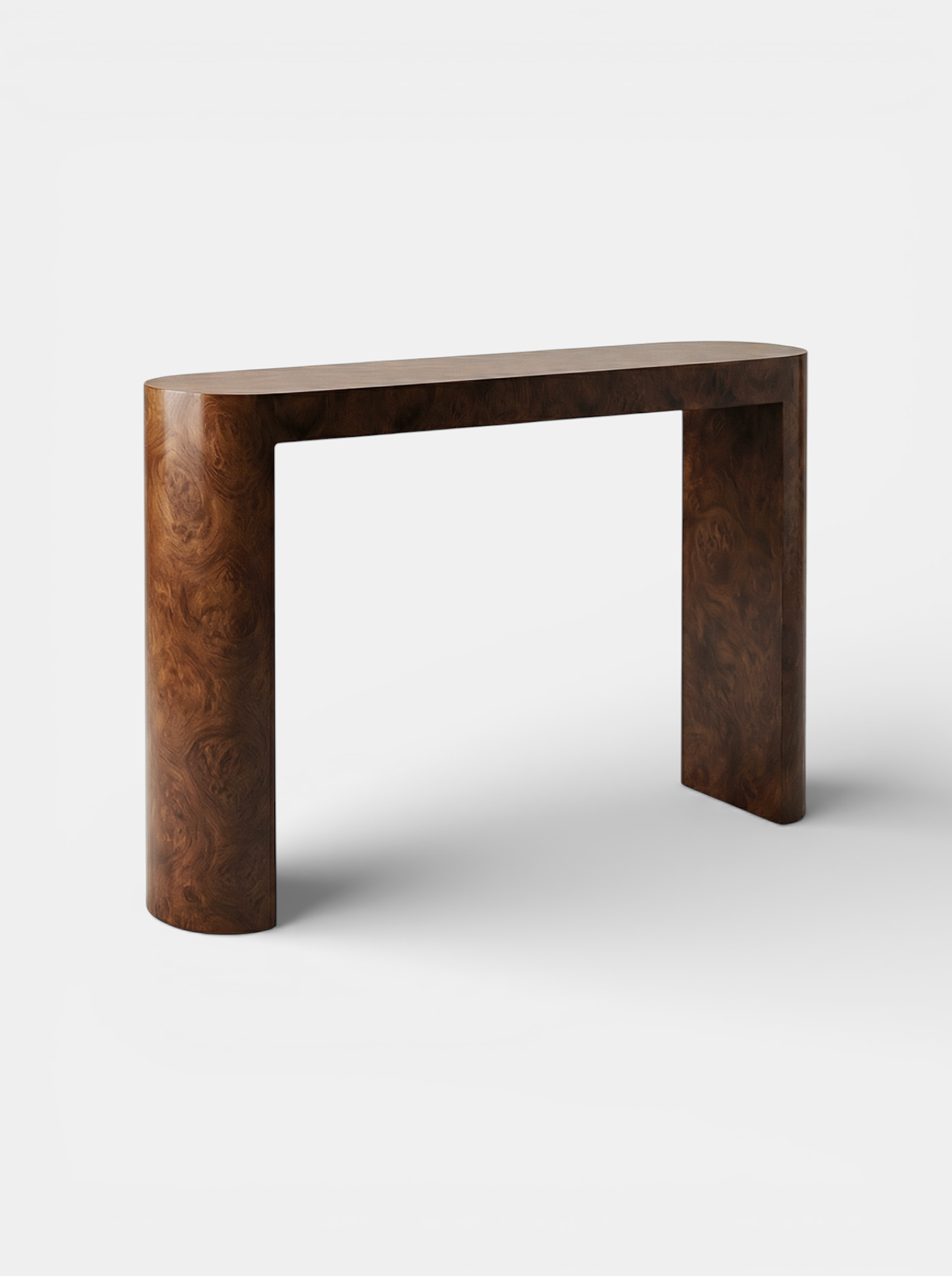 Luna burl wood console back view showing natural wood grain patterns and Italian craftsmanship