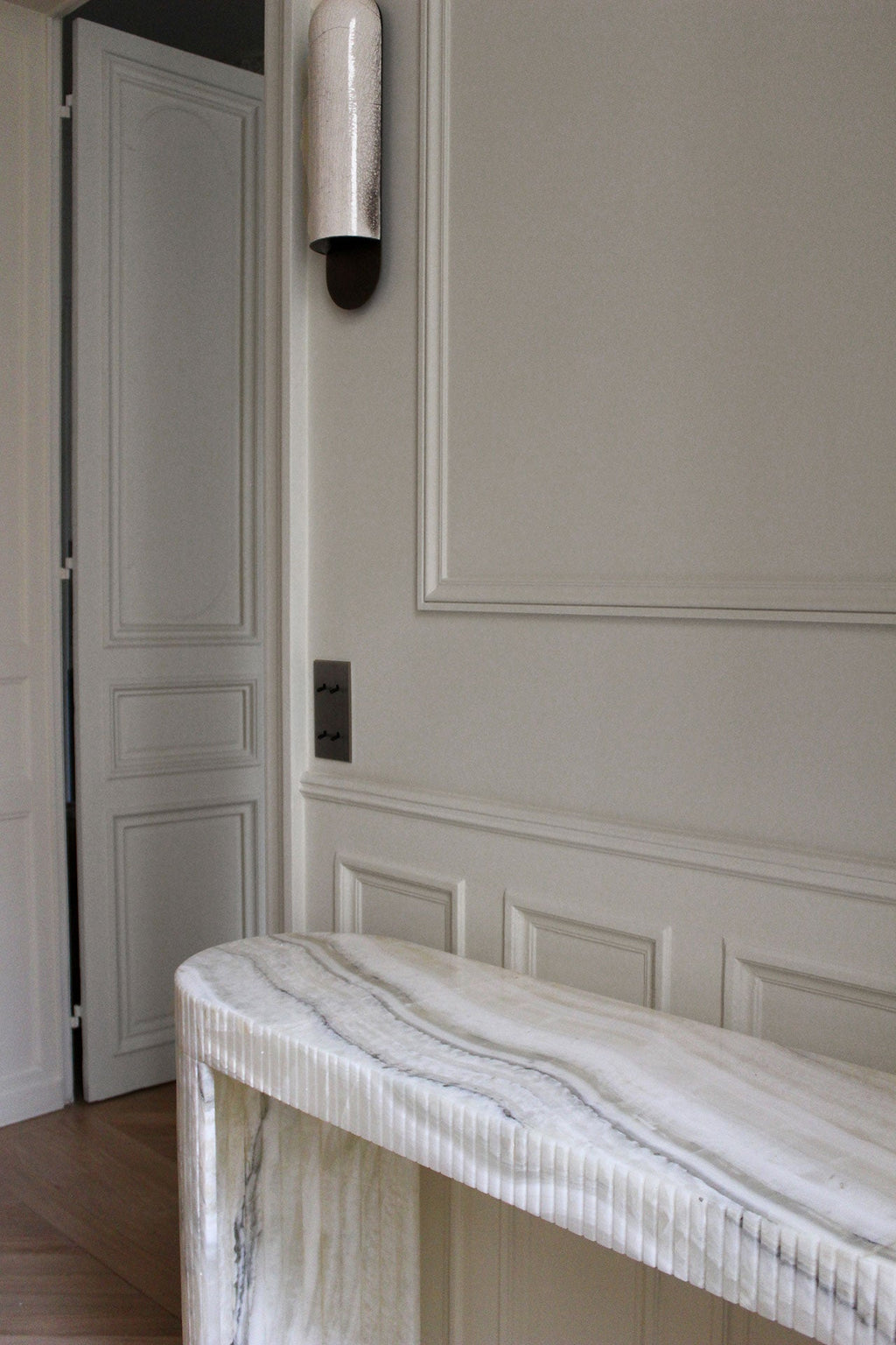Luna Montaigne Onyx console alternative angle - premium Italian cream onyx stone craftsmanship