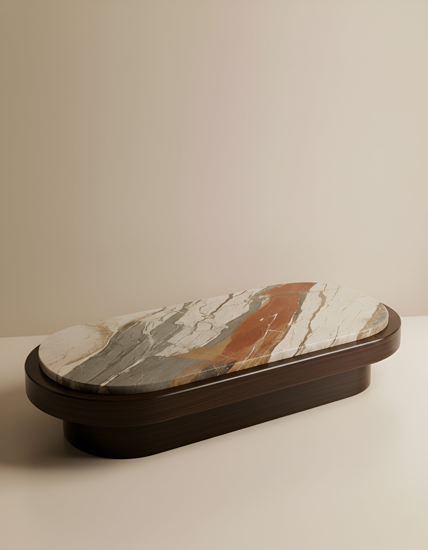 Mirage table detail of Breccia Fantastica marble patterns and wood base construction