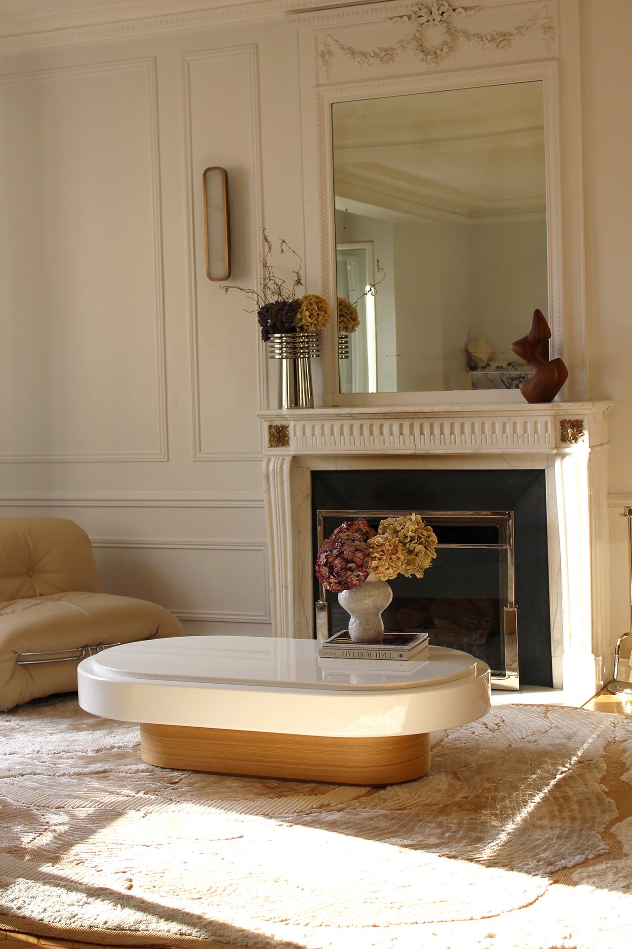 Mirage oak and white table lifestyle view in modern living room interior setting
