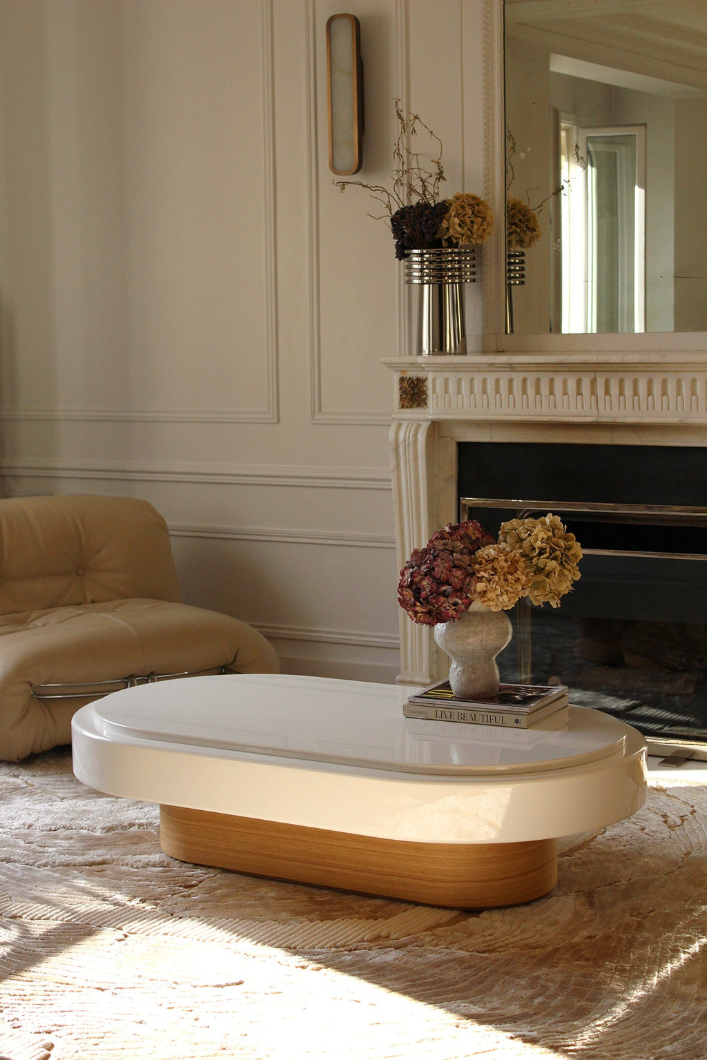 Mirage oak wood coffee table in stylish interior with white lacquered accents