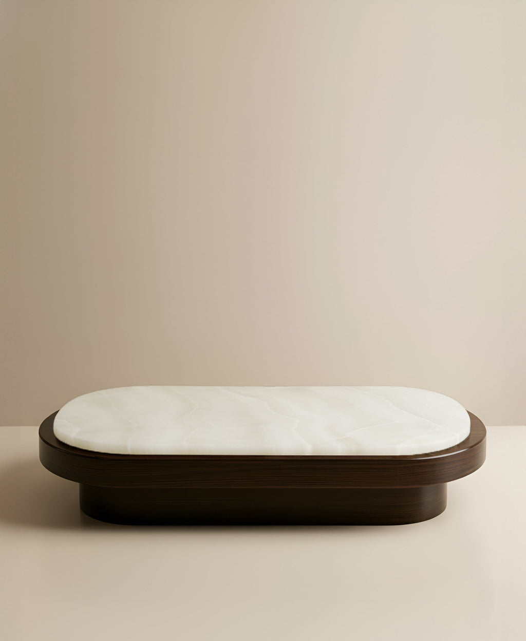 MARBERA Mirage Italian luxury furniture in white onyx marble with natural wood accents - front angle