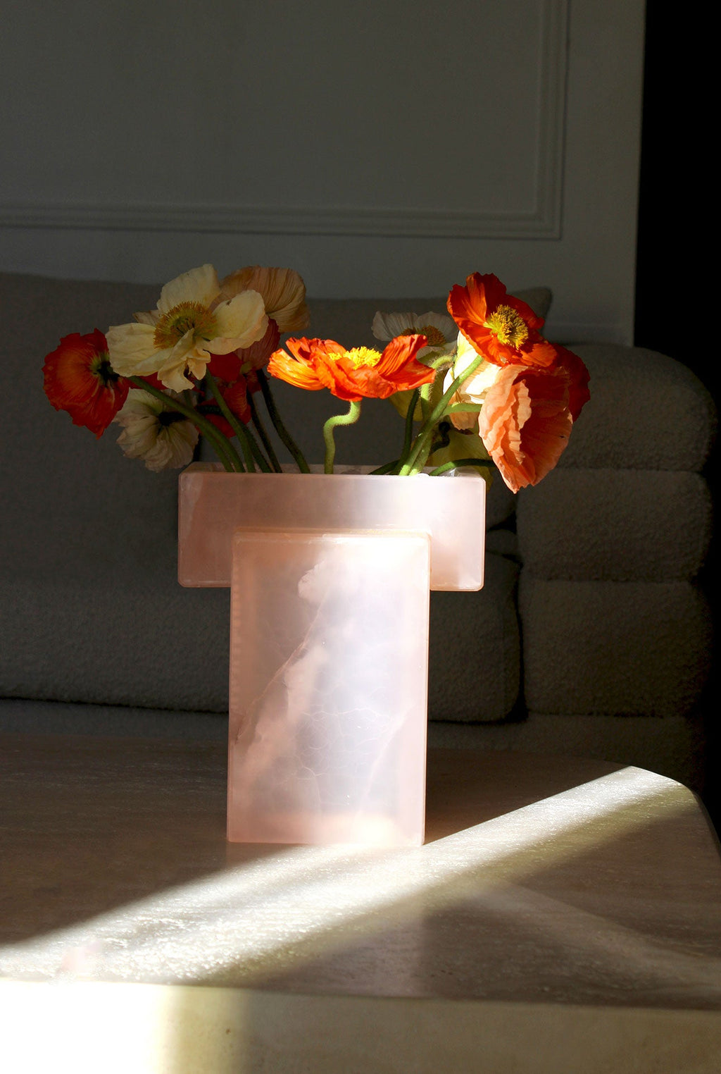 Premium Gaia vase pink onyx marble - handcrafted Italian home decor sophisticated angle shot