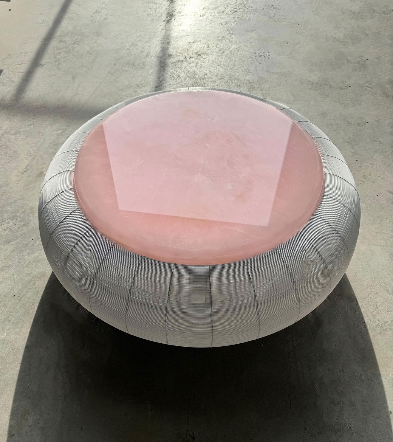 Front angle of RB002 luxury marble table featuring rose contre-jour pattern - premium Italian design