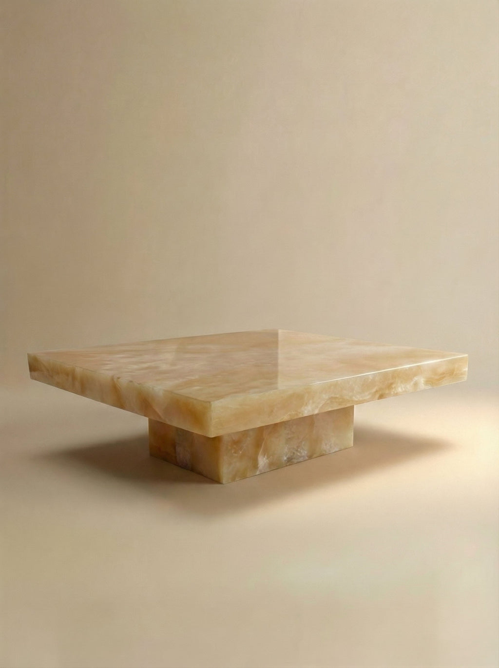 Cara honey onyx coffee table left angle - Italian luxury golden stone furniture elegant design