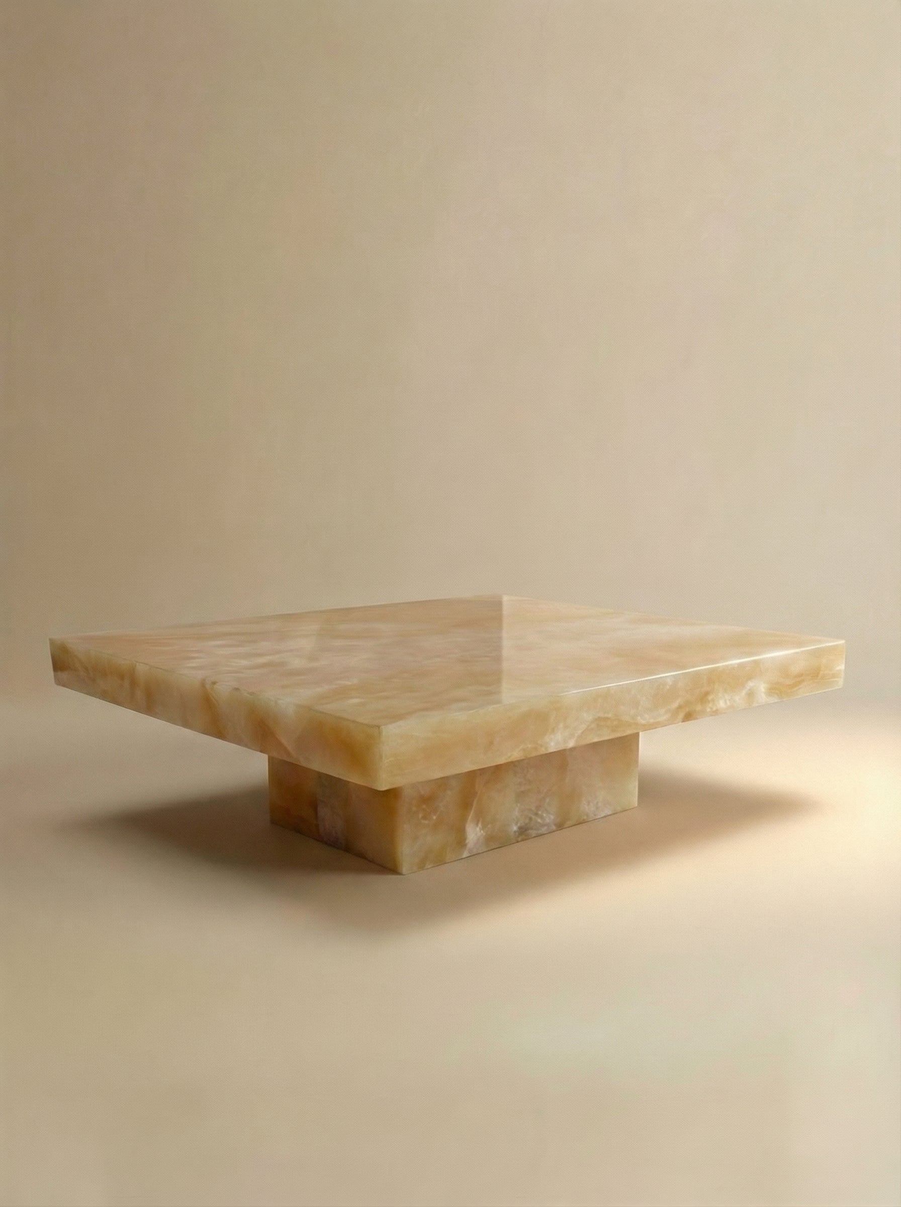 Cara honey onyx coffee table left angle - Italian luxury golden stone furniture elegant design
