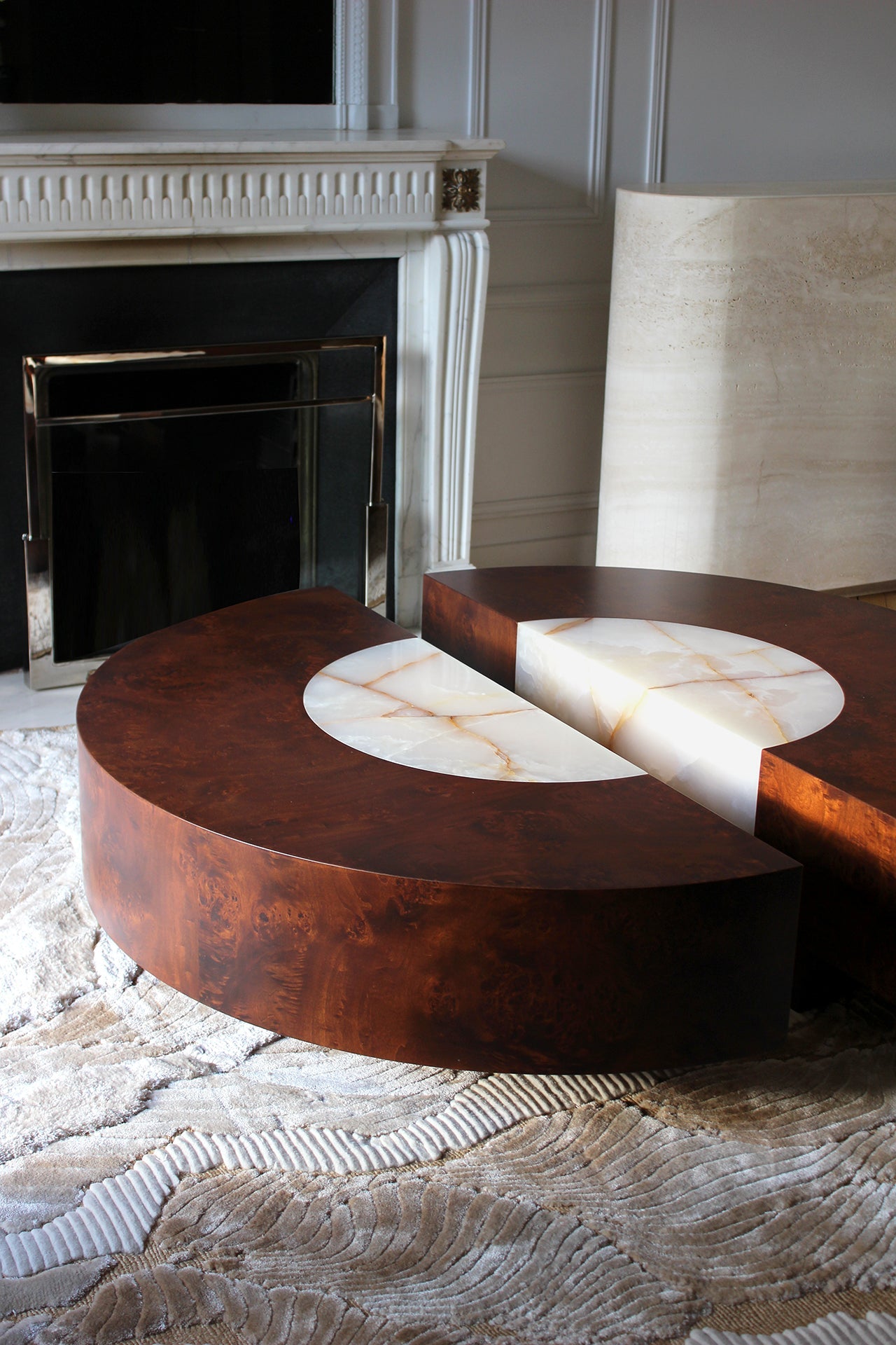 Round Baci table in burl wood - premium Italian furniture with sculptural design and rich textures