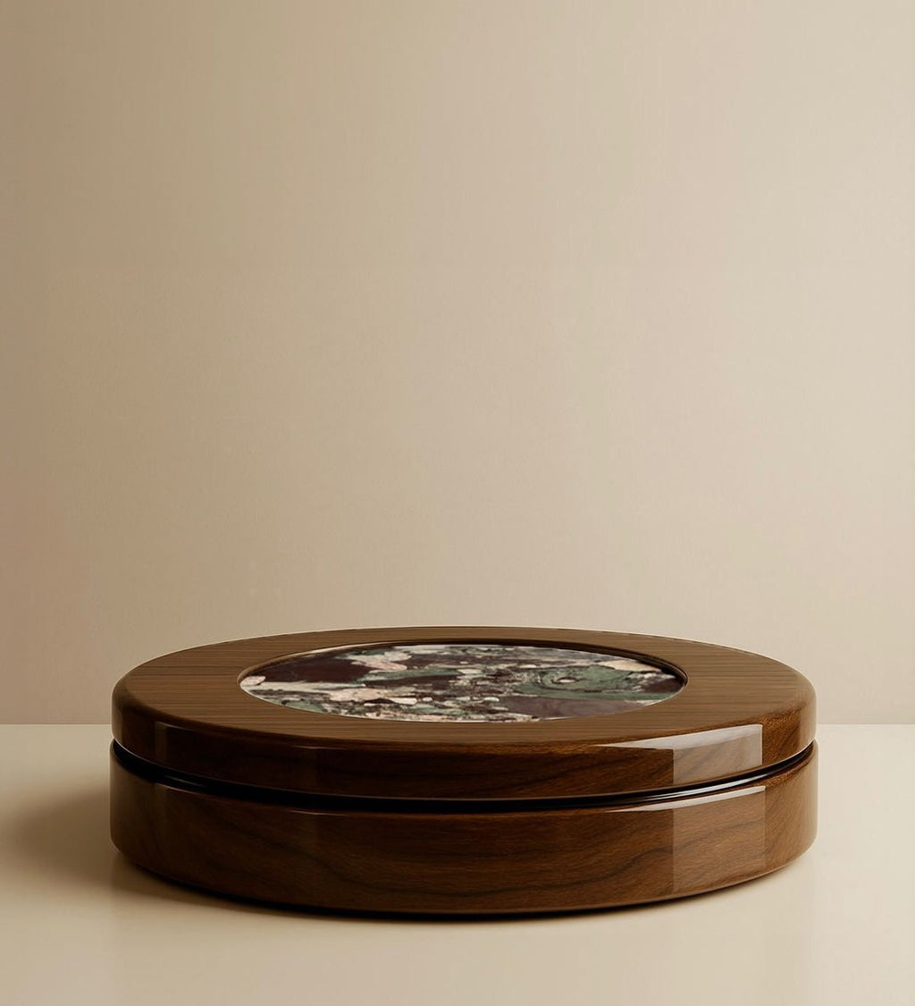 Contemporary table featuring dramatic Quatre Saisons marble with natural wood - handcrafted