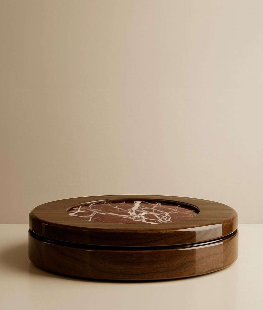 Luxury coffee table showcasing deep red Rosso Levanto marble with wood base - Italian furniture