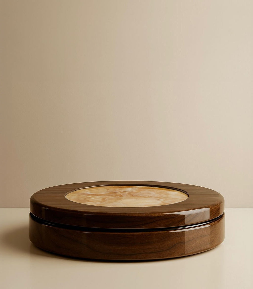 Contemporary wood and honey onyx table showing translucent marble beauty - MARBERA design