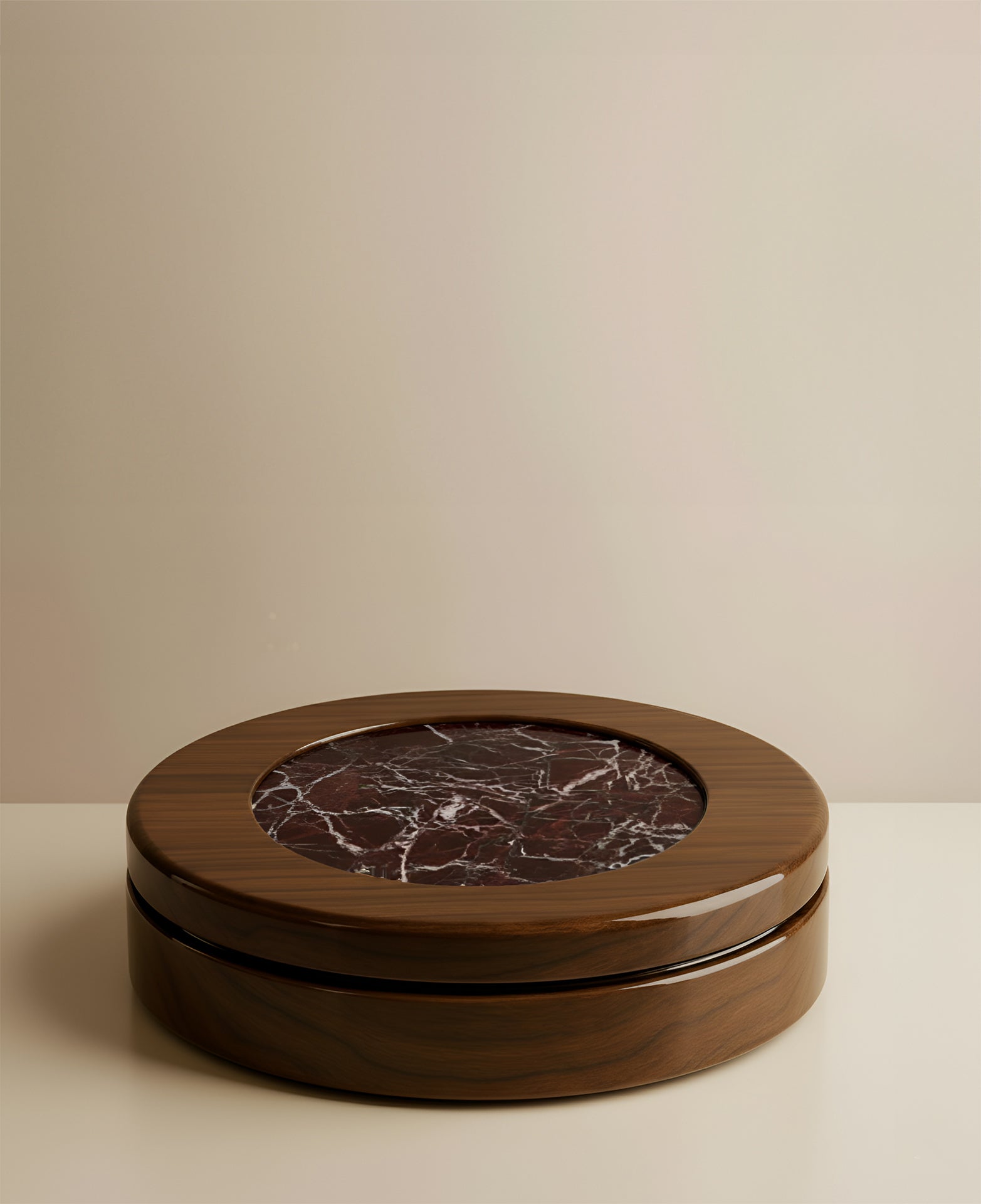 Side perspective of wood and Rosso Levanto marble table showing natural stone veining