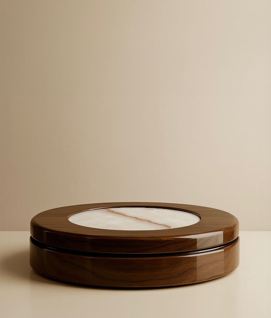 Full view of wood and Shell onyx coffee table showcasing natural stone beauty - Italian design