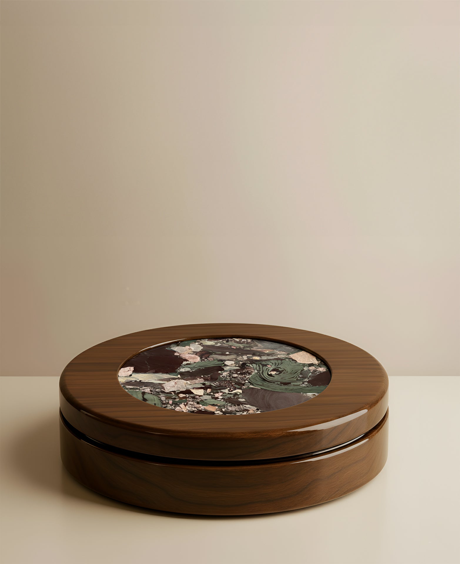 Side angle of luxury wood and colorful Quatre Saisons marble coffee table - Italian furniture