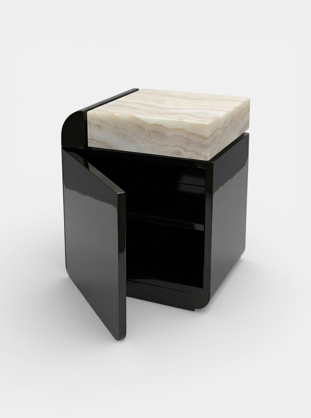 Black lacquered Amo storage table ivory onyx - handcrafted Italian furniture three quarter angle