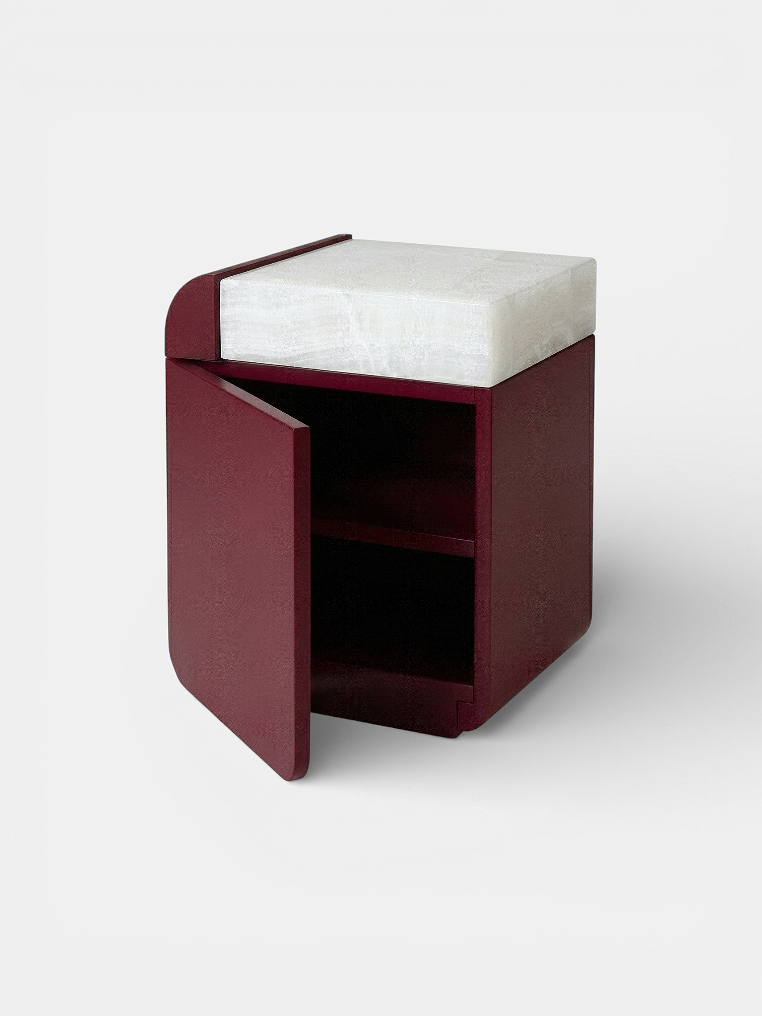Amo Bordeaux marble storage table three-quarter right view showing white onyx details - Italian crafted