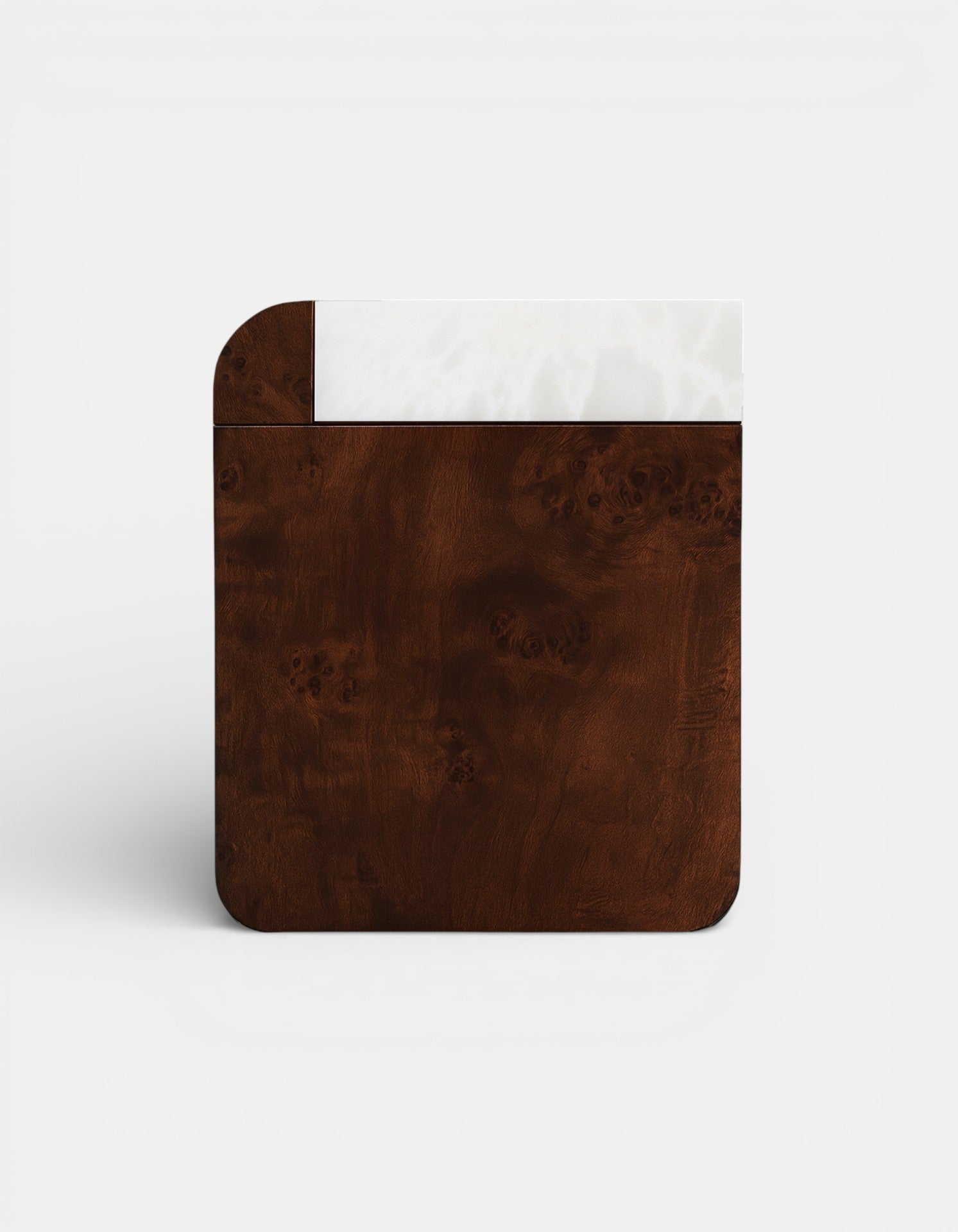 Luxury Italian Amo dark radica burl wood storage table with white onyx marble - MARBERA design