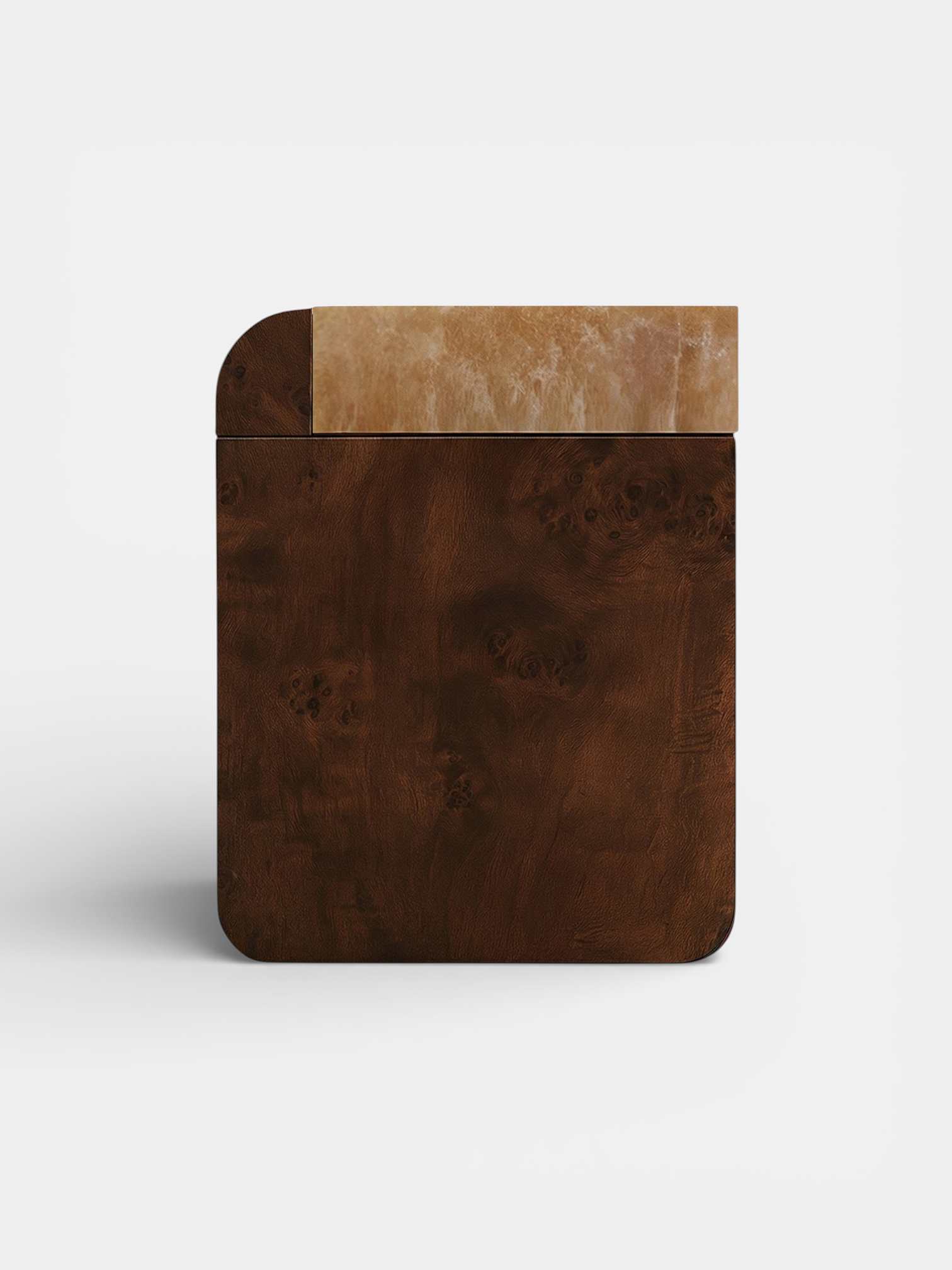 Dark radica burl wood storage table with honey onyx marble - handcrafted Italian luxury MARBERA