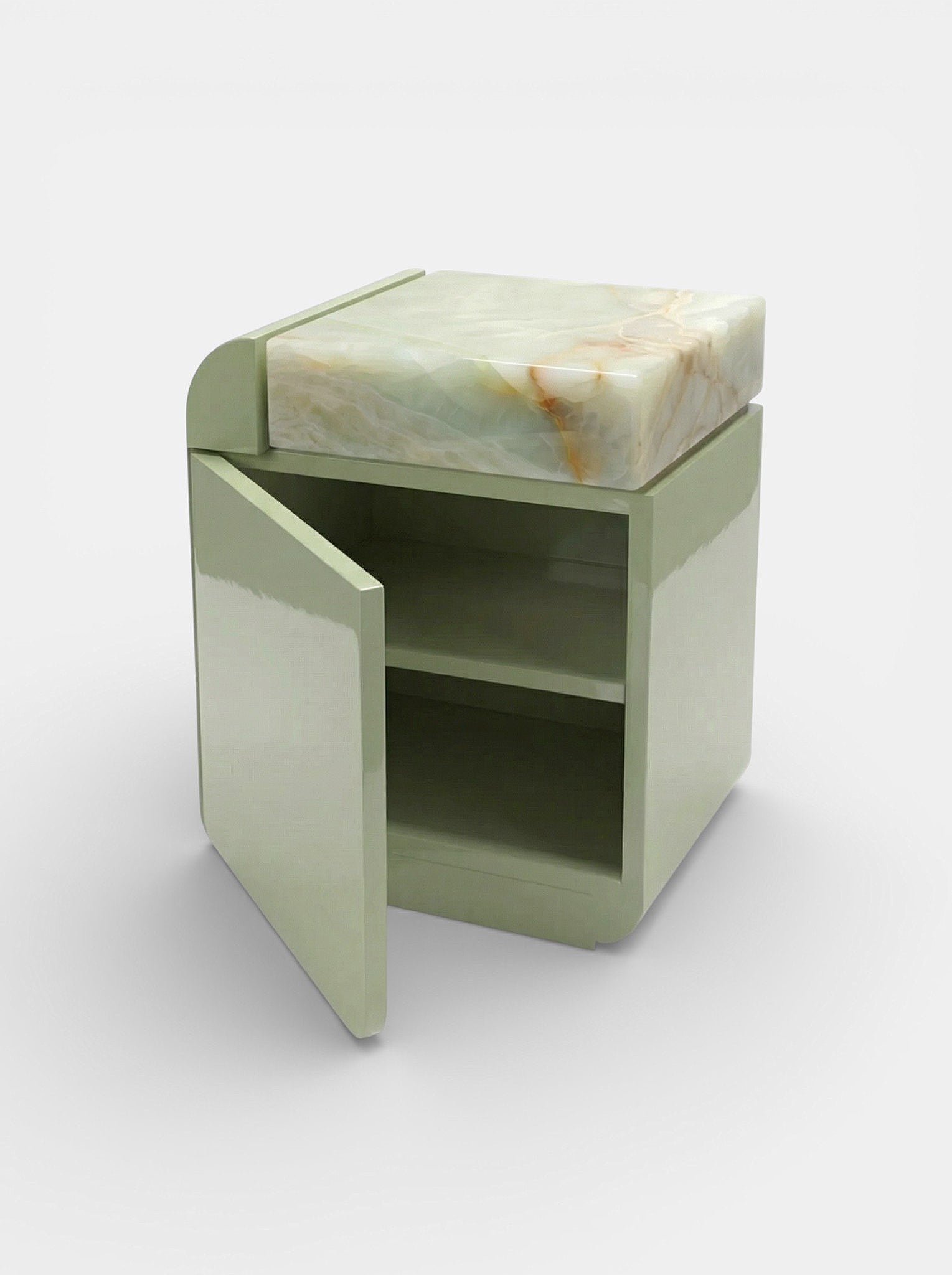 Three-quarter left view of Amo green onyx marble storage table - Italian luxury furniture craftsmanship