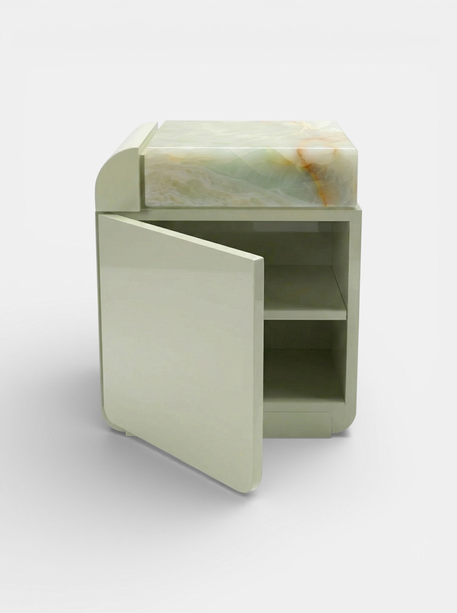 Front view of luxury green onyx marble Amo storage table - MARBERA Italian contemporary design