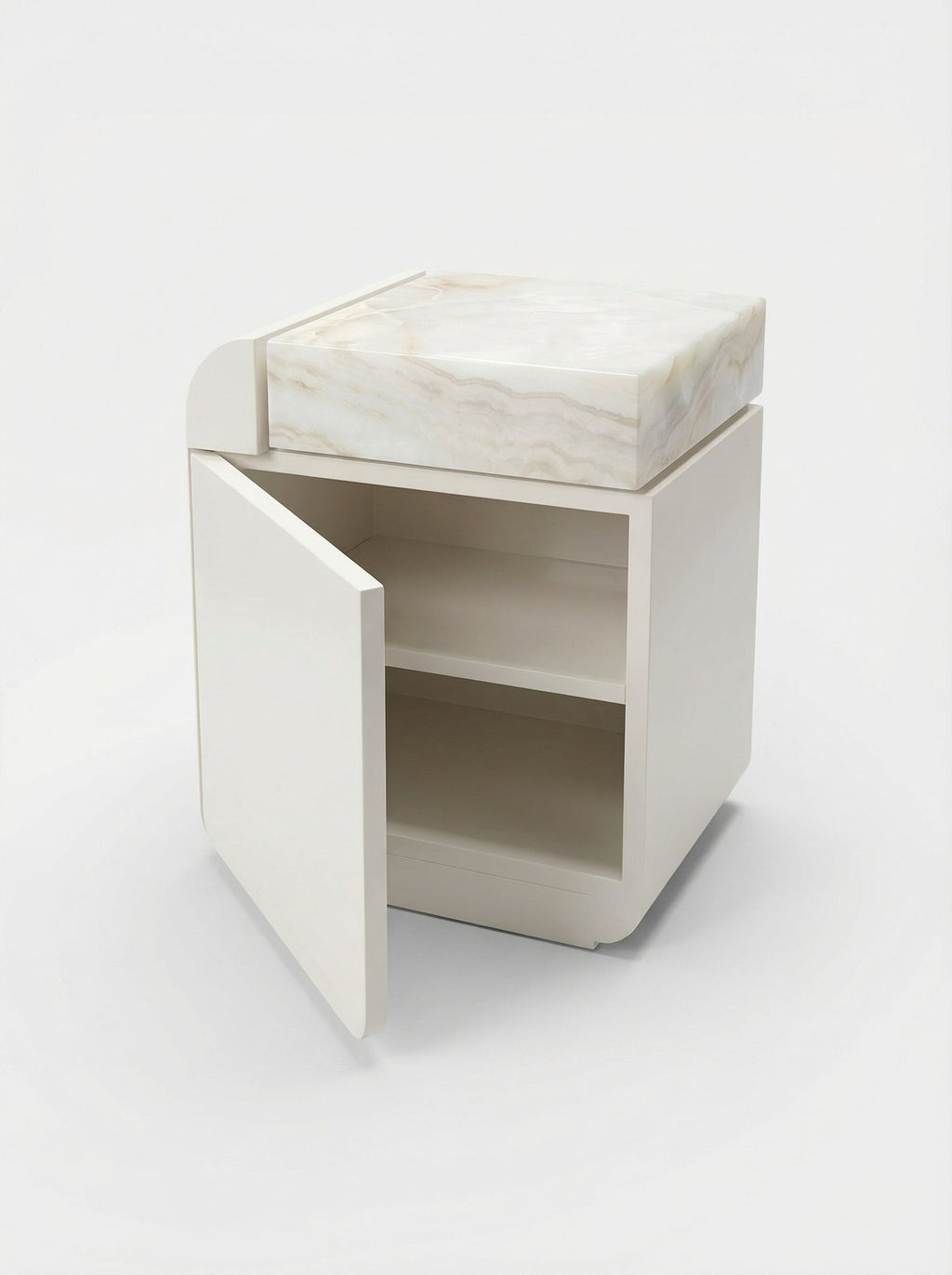 MARBERA Amo off-white ivory onyx marble storage table back view, Italian luxury furniture design