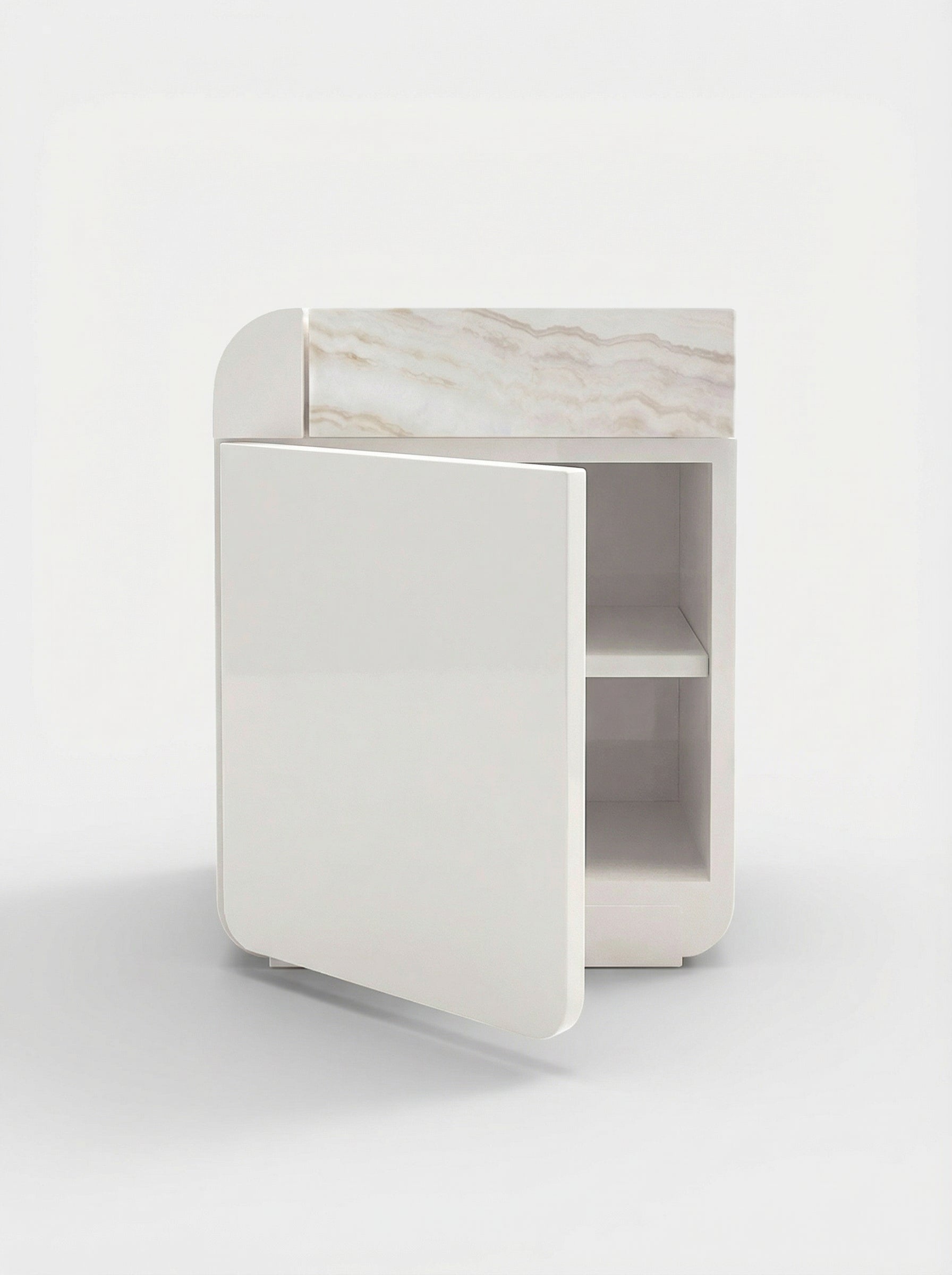 MARBERA Amo off-white ivory onyx marble storage table front view, contemporary Italian craftsmanship
