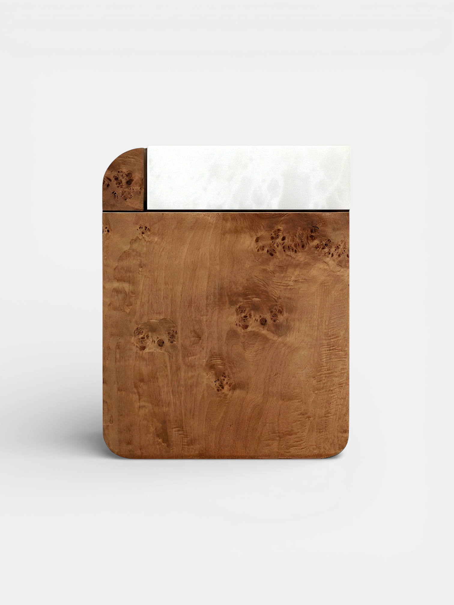 Luxury Italian Amo burl wood storage table with white onyx marble accents - MARBERA contemporary design
