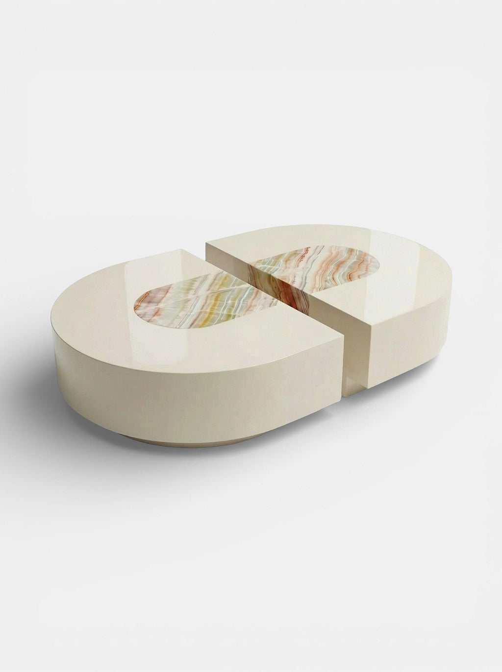 Rainbow onyx capsule coffee table side angle view displaying natural stone veining and curved silhouette