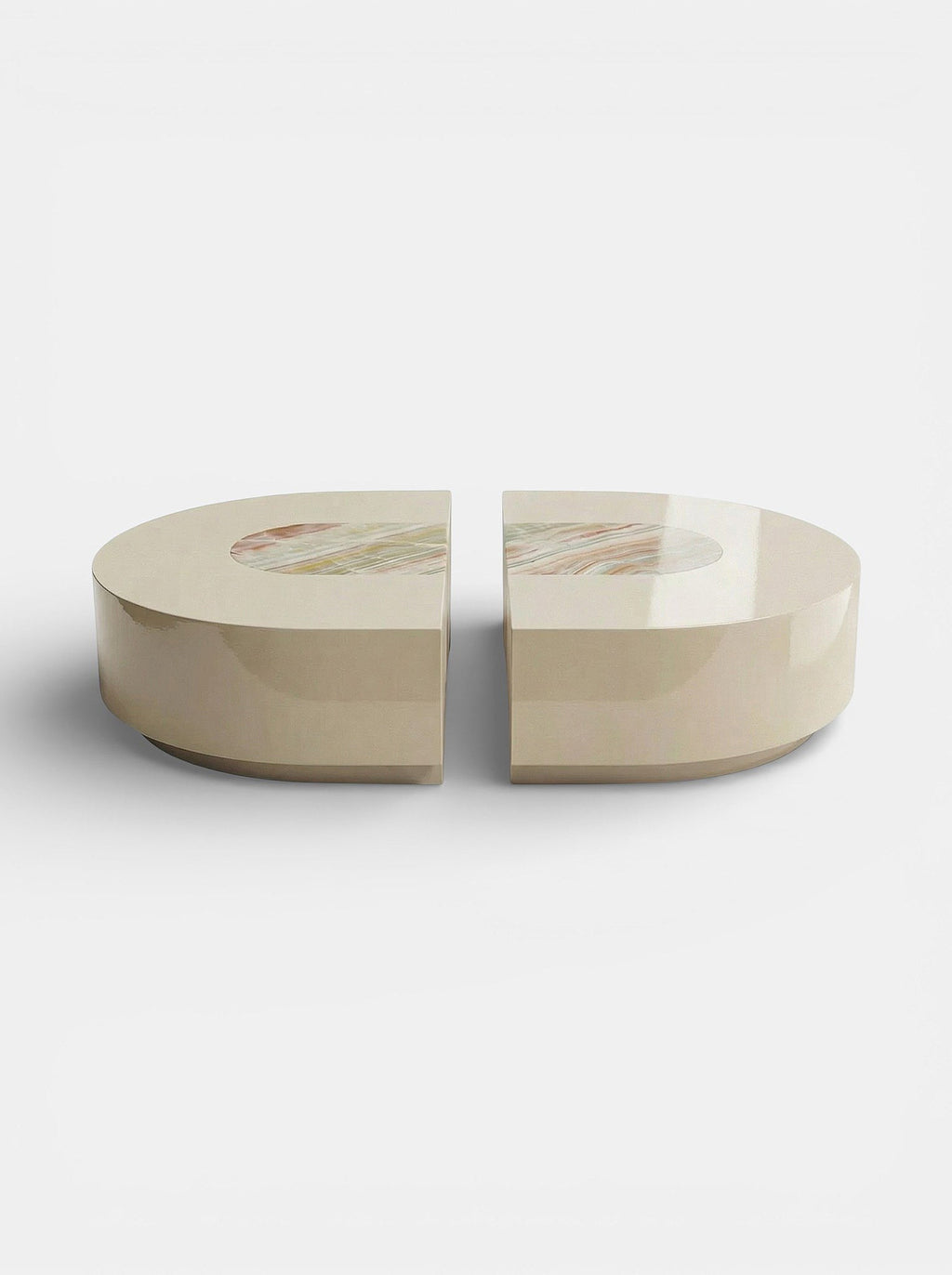 Luxury Italian rainbow onyx coffee table with capsule design - front view showcasing vibrant marble patterns
