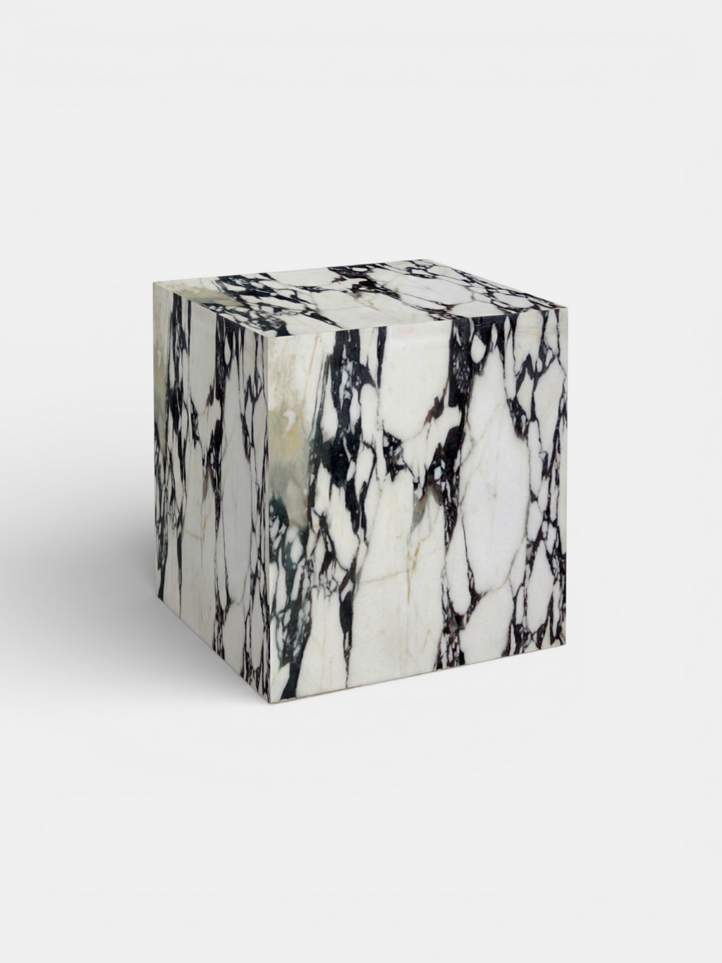 Calacatta Viola marble cube left side view - premium Italian stone furniture with elegant veining