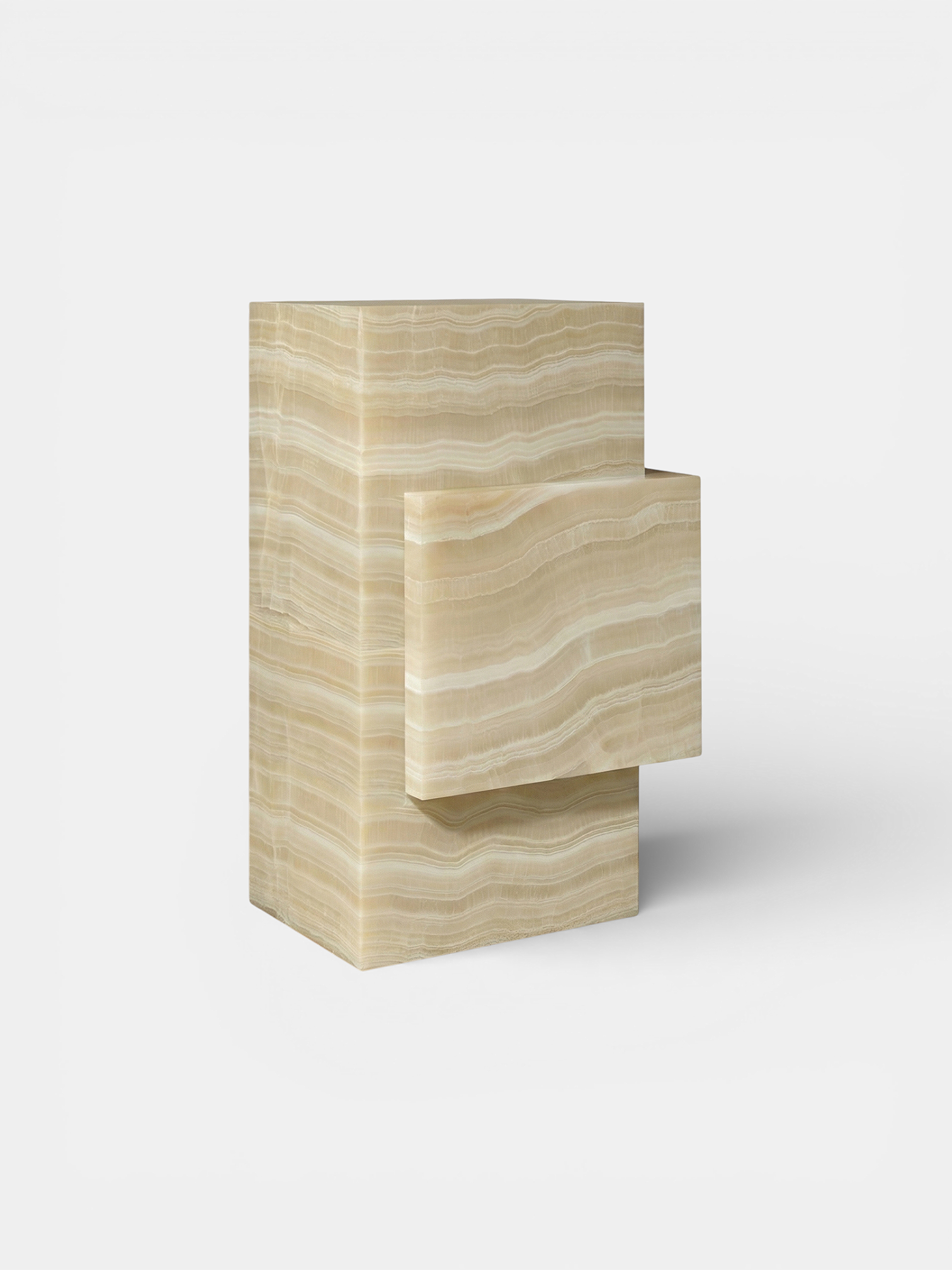 Ivory onyx marble table right side view, Italian luxury furniture with elegant curved pedestal base