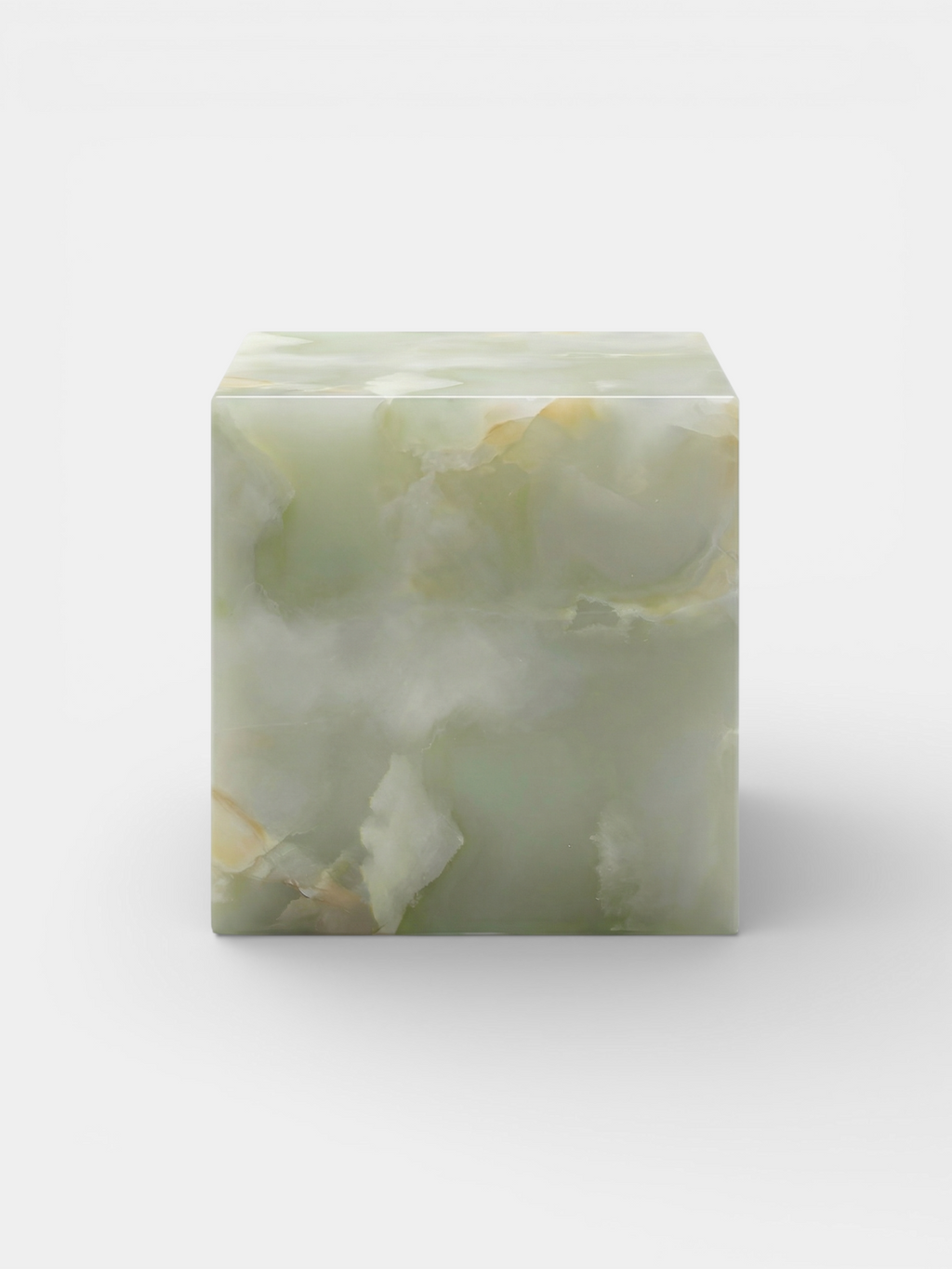 Green onyx cube front view displaying geometric minimalist design - luxury Italian marble decor