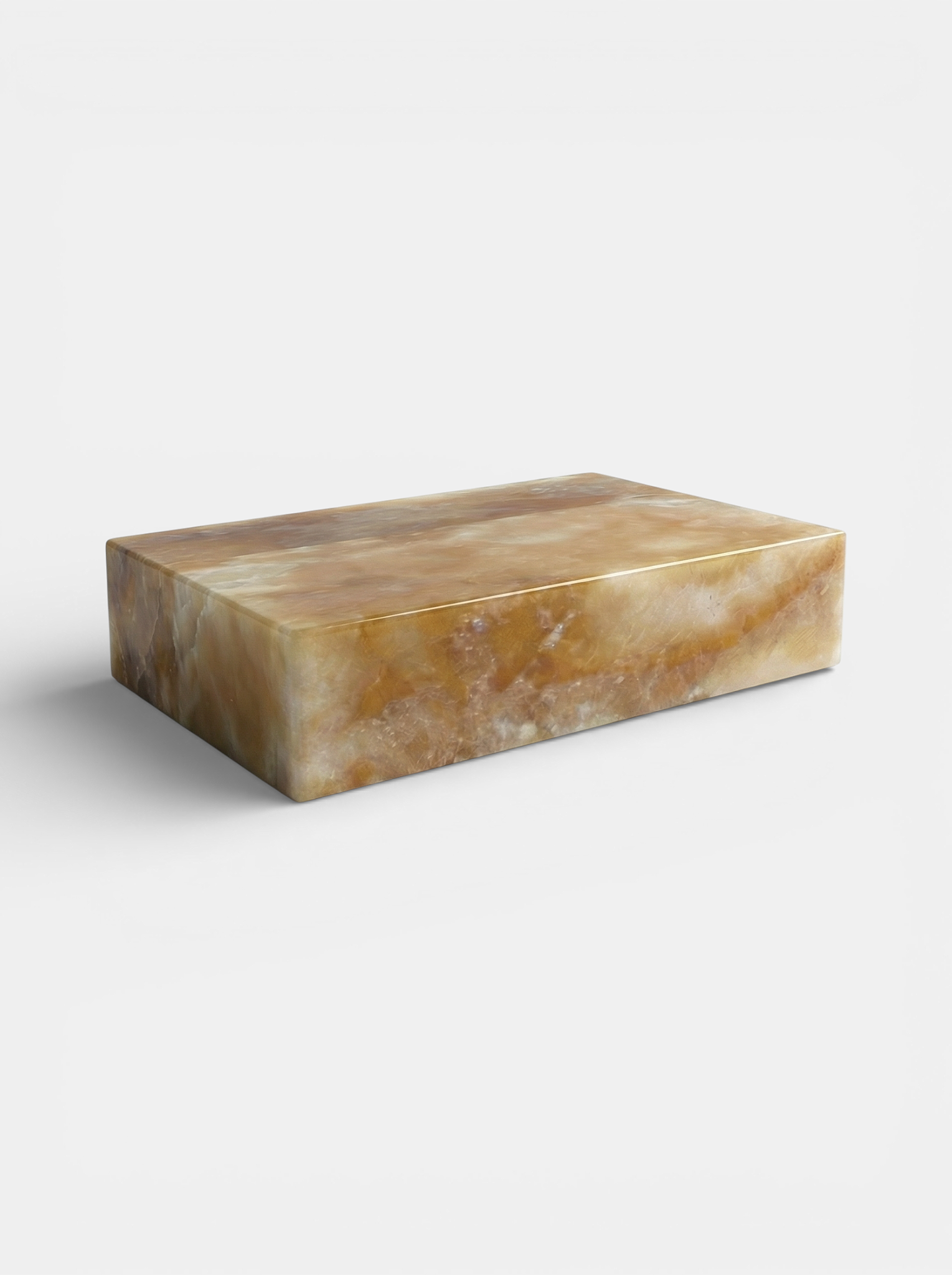 Honey onyx bubble gum coffee table three-quarter view - handcrafted Italian marble with warm tones