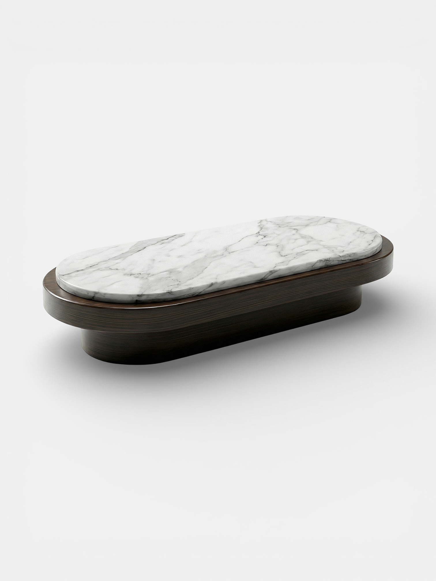 Arabescato marble Mirage table three-quarter view showing white veining and wood structure