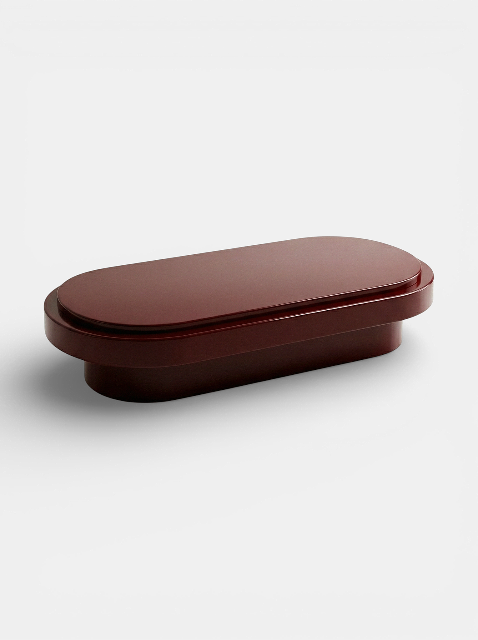Bordeaux lacquered Mirage table three-quarter left view showing rich burgundy wood finish