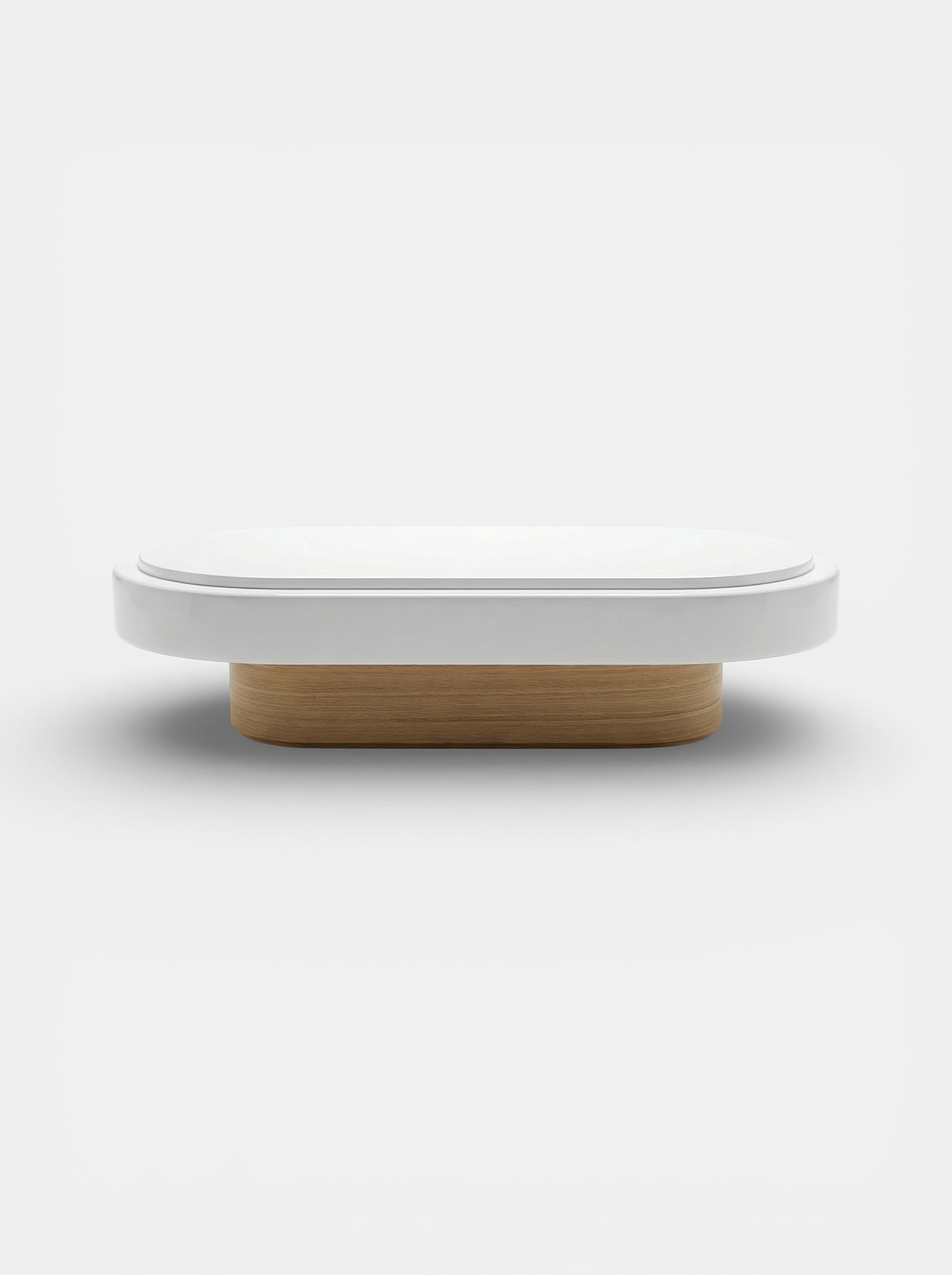 Oak and white Mirage table front view showing contrasting wood tones and modern form