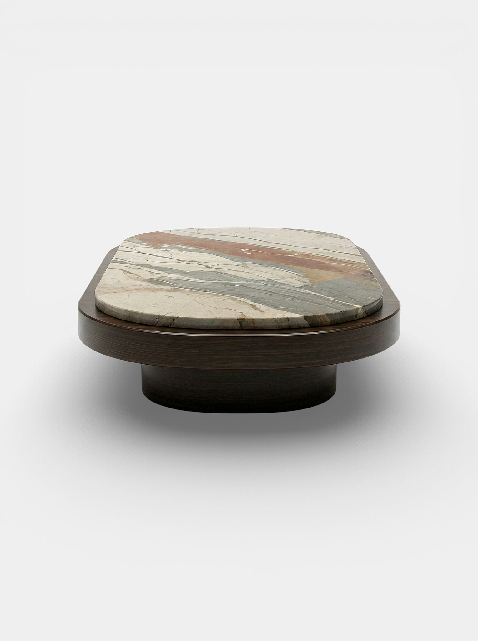 Mirage table back view highlighting Breccia Fantastica marble surface and wood pedestal