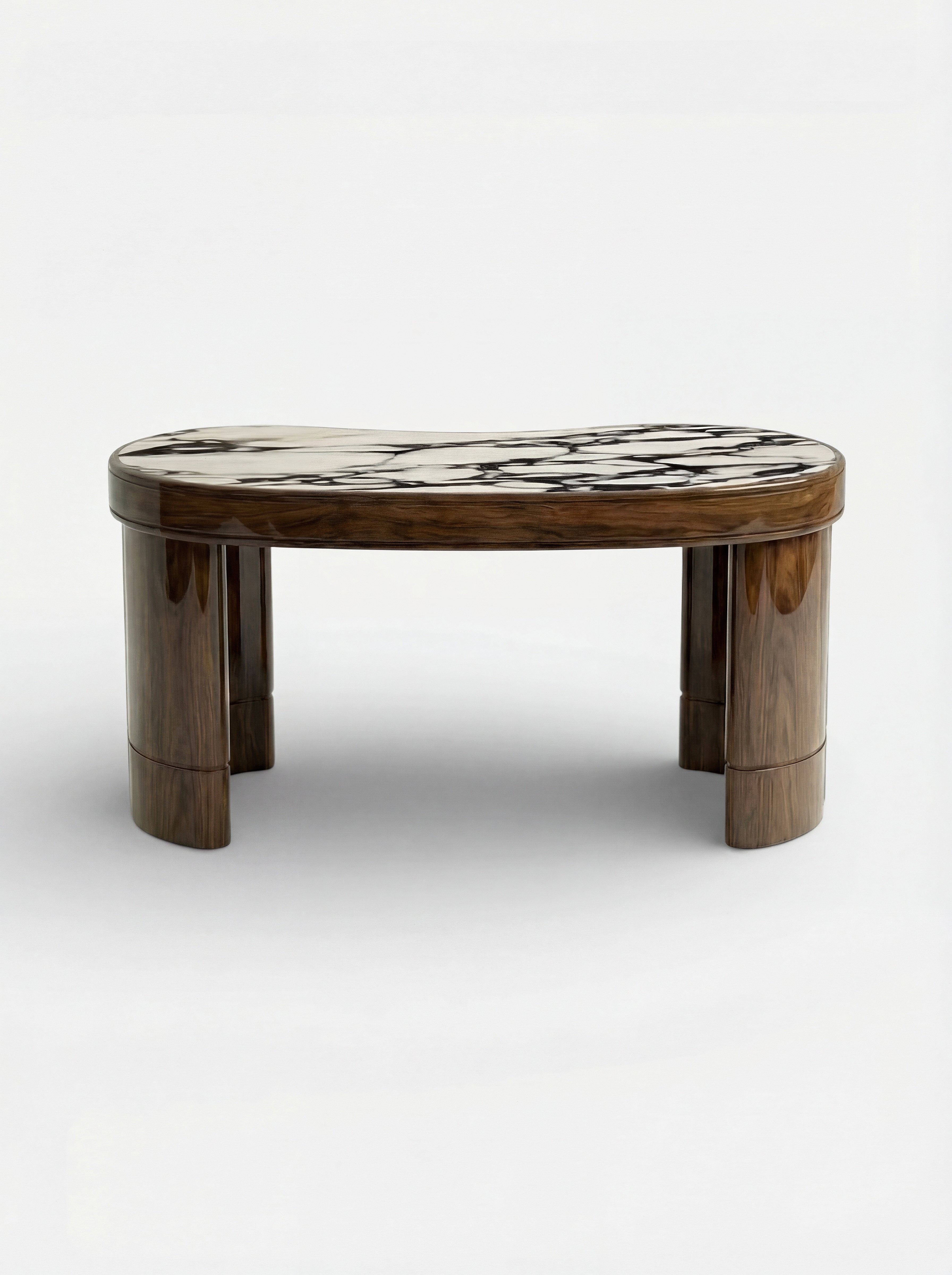 Luxury Nicola desk combining glossy wood and Calacatta Viola marble - detailed view of marble veining