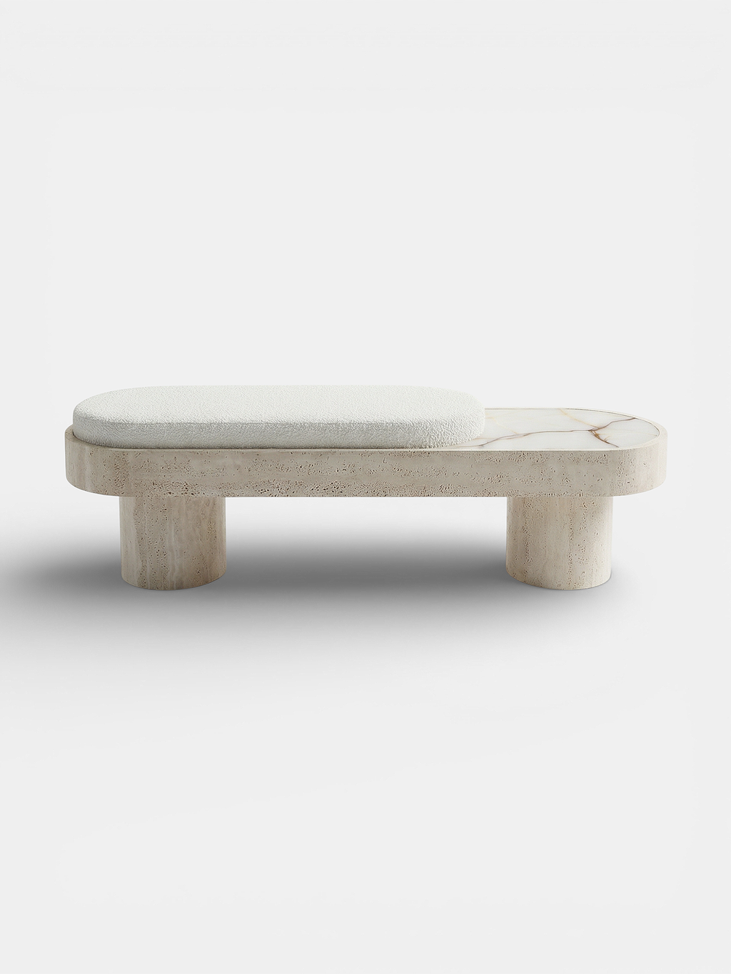 MARBERA Noto bench in travertine stone with white bouclette cushion - front view luxury seating
