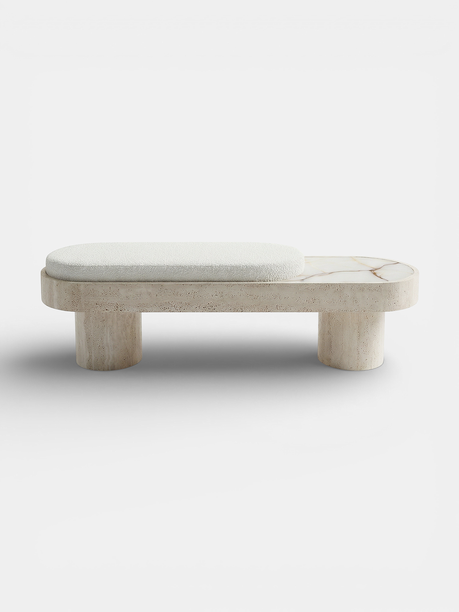 MARBERA Noto bench in travertine stone with white bouclette cushion - front view luxury seating