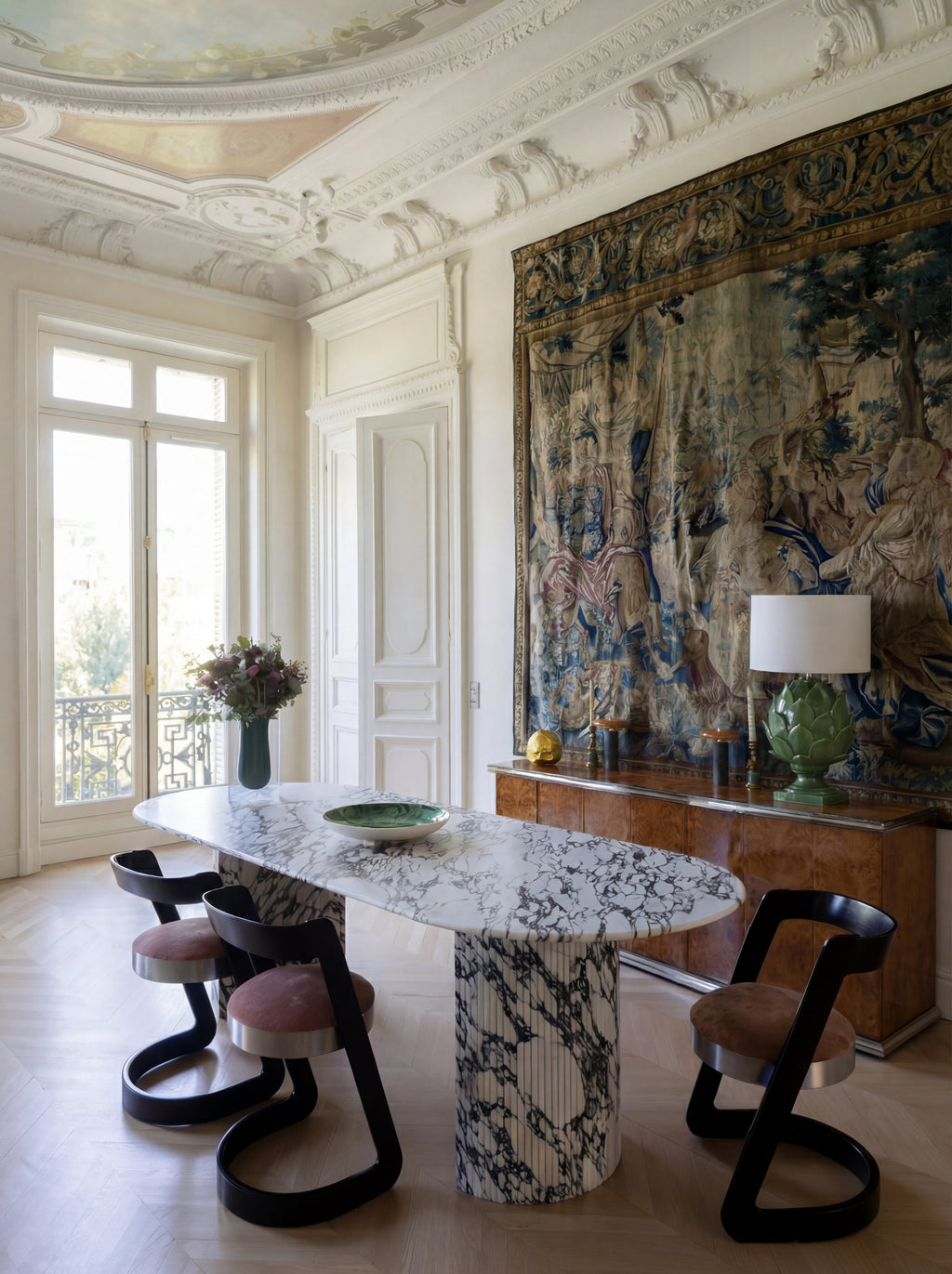 Luna Calacatta Viola marble dining table lifestyle setting - elegant Italian marble furniture interior